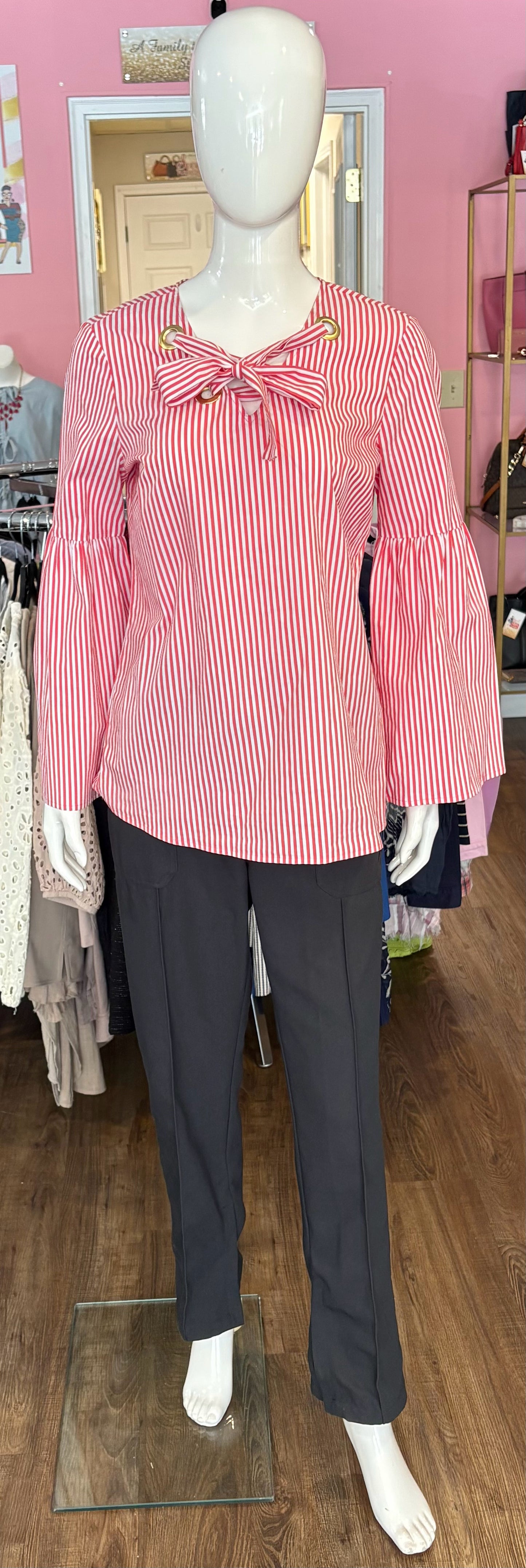 Michael Kors Red & White Stripe Lace Up Bell Sleeve Top Sz:S