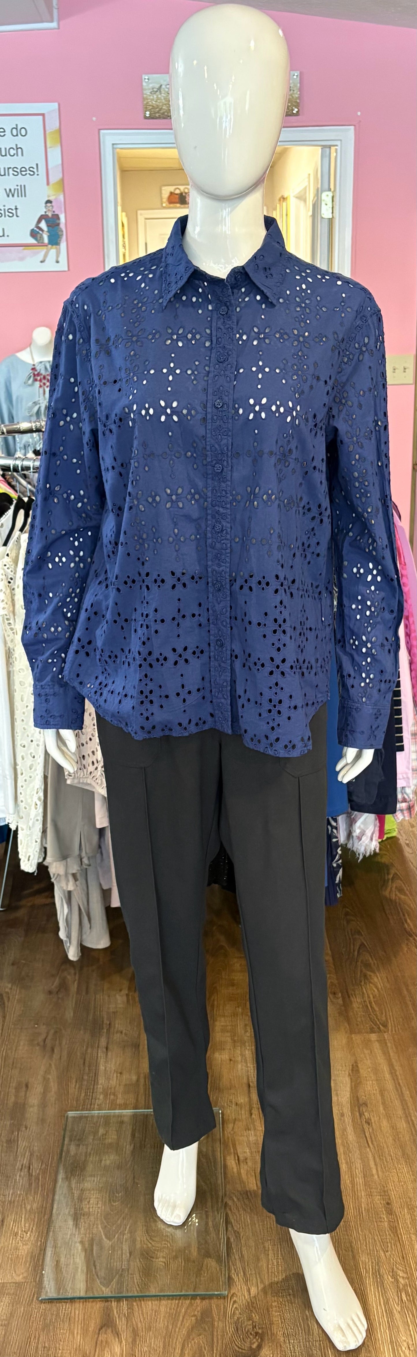 NWOT Lauren Ralph Lauren Navy Eyelet Button Up Cotton Top Sz: PLarge