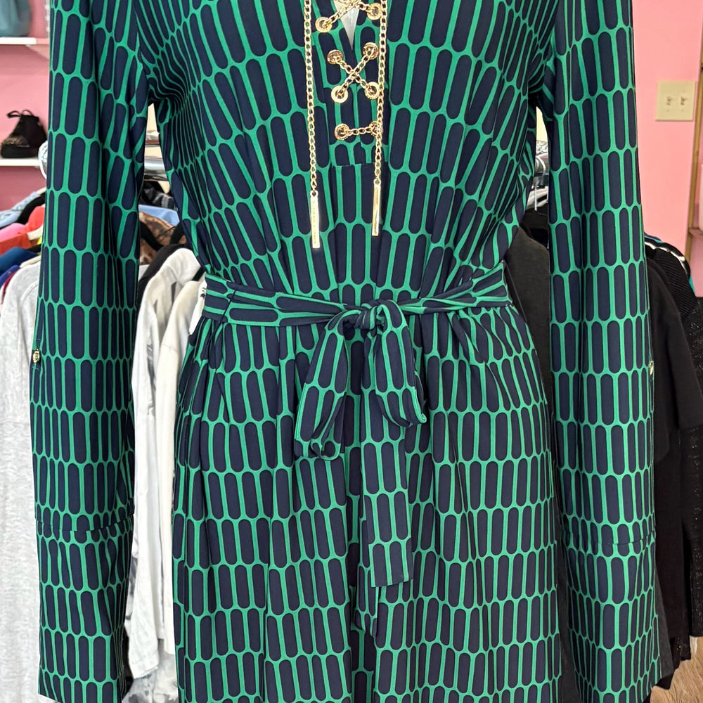Michael Kors Emerald Green & Navy Geometric Dress with Gold Lace Detail Size: L