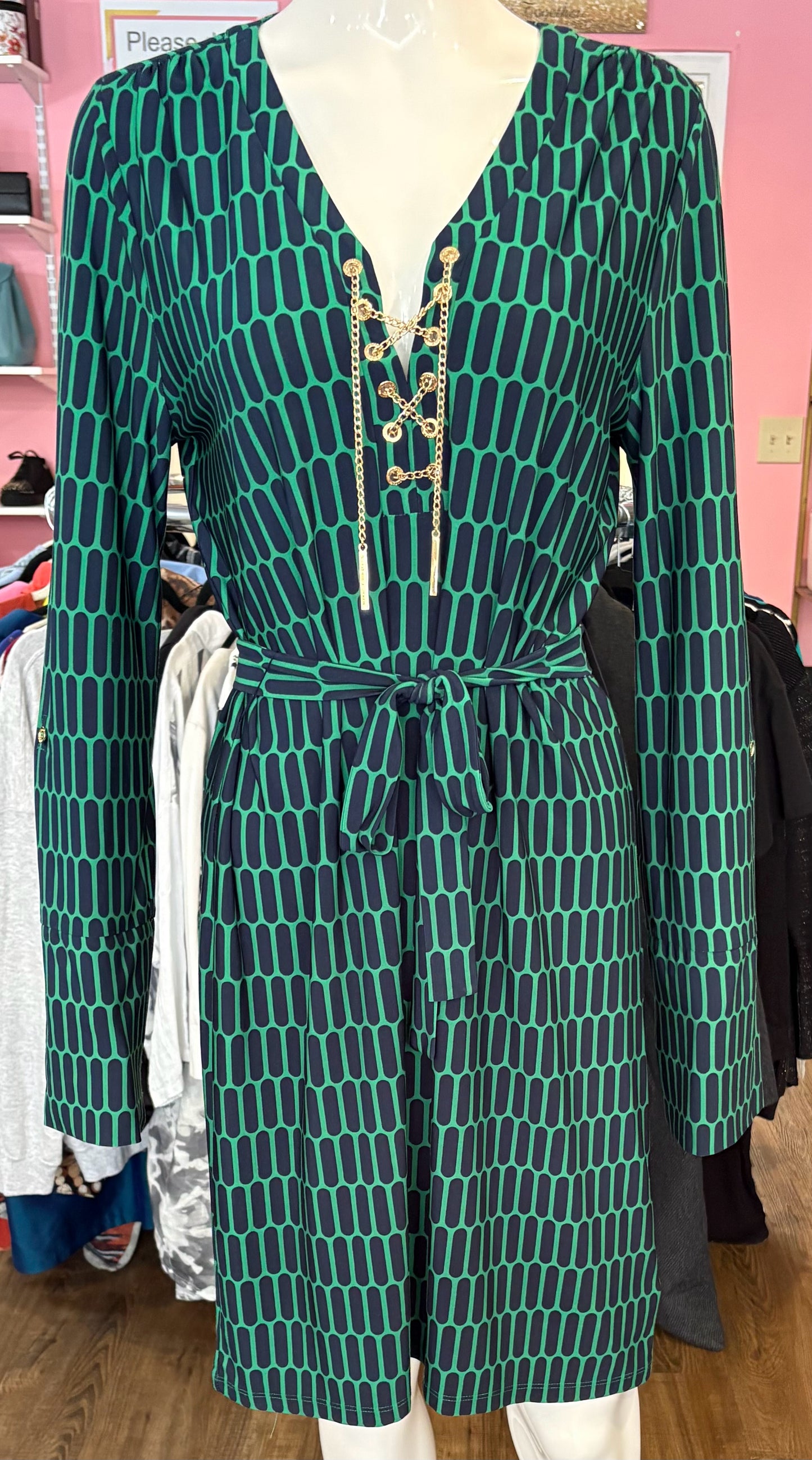 Michael Kors Emerald Green & Navy Geometric Dress with Gold Lace Detail Size: L