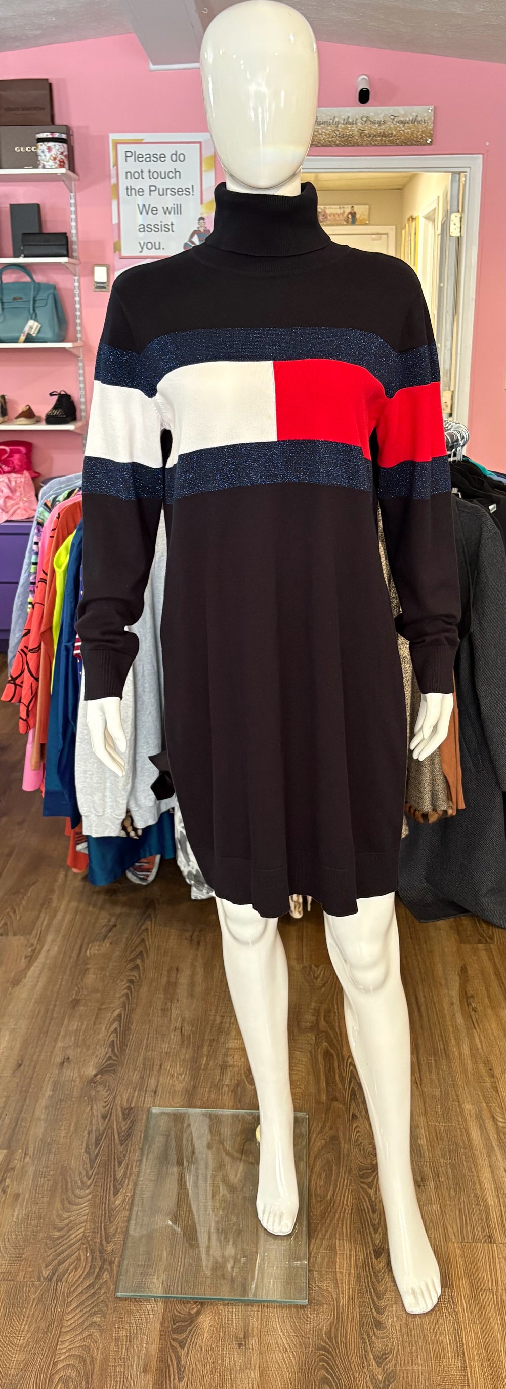 NWOT Tommy Hilfiger Red, White, & Blue Glitter Sweater Turtle Neck Dress Sz:M