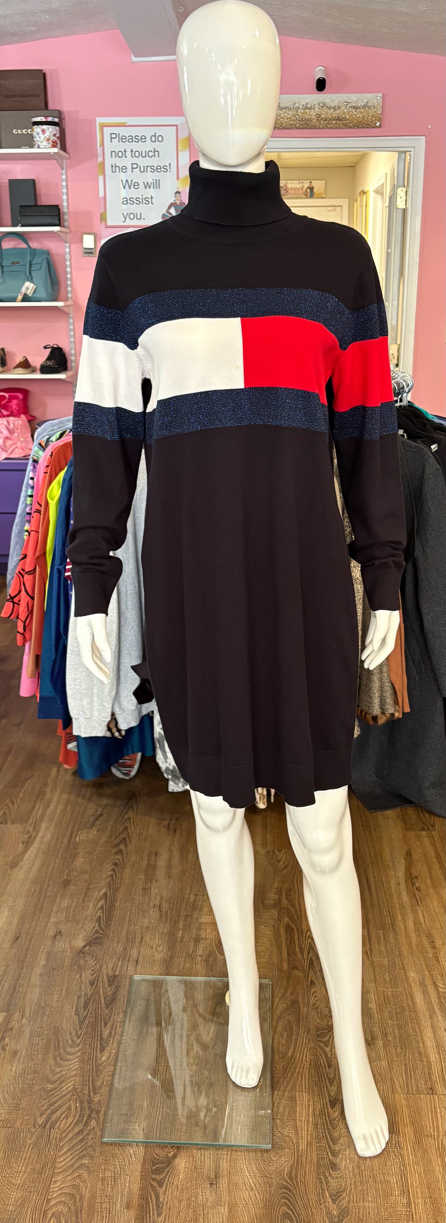 NWOT Tommy Hilfiger Red, White, & Blue Glitter Sweater Turtle Neck Dress Sz:M