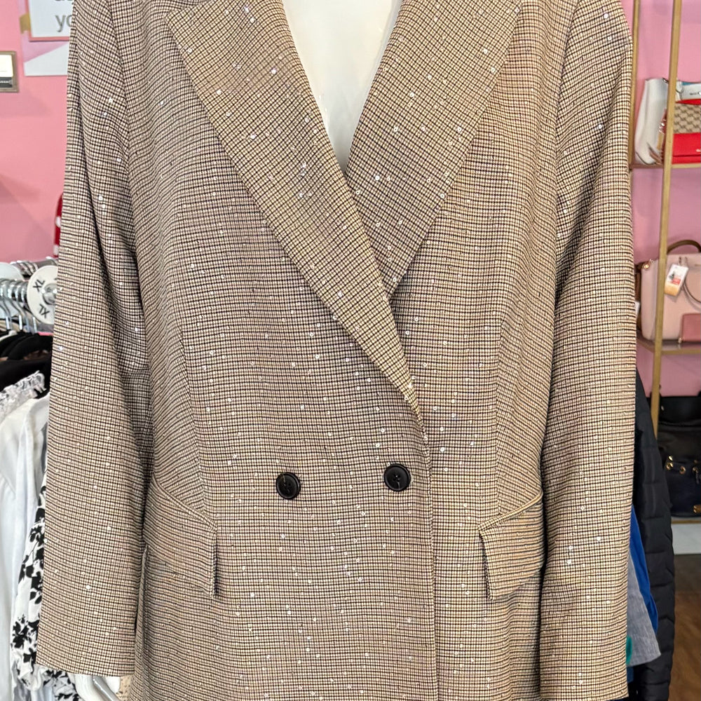 NWT On 34th Sequined Brown Plaid Double Breasted Blazer Size: 14W