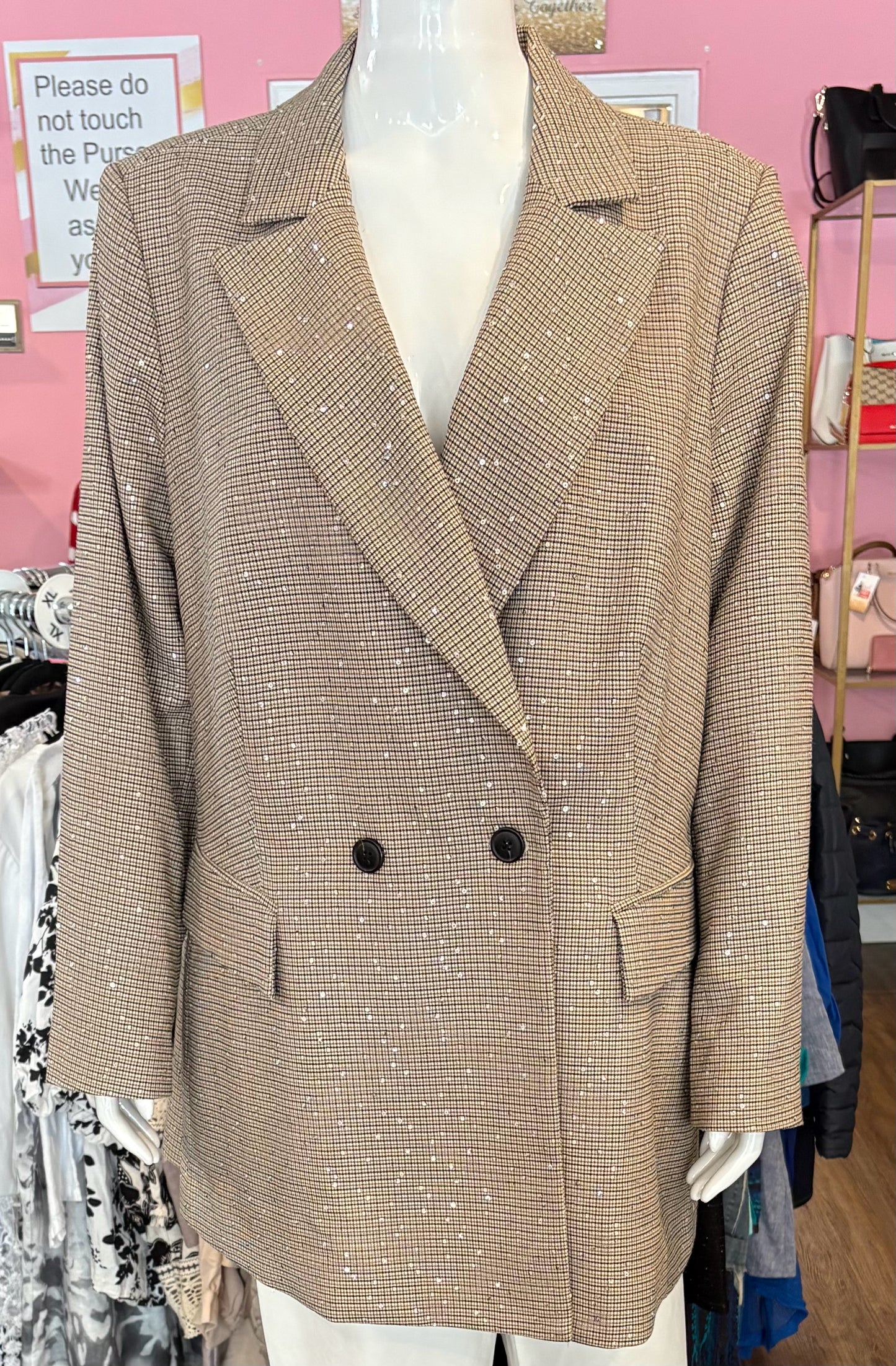 NWT On 34th Sequined Brown Plaid Double Breasted Blazer Size: 14W