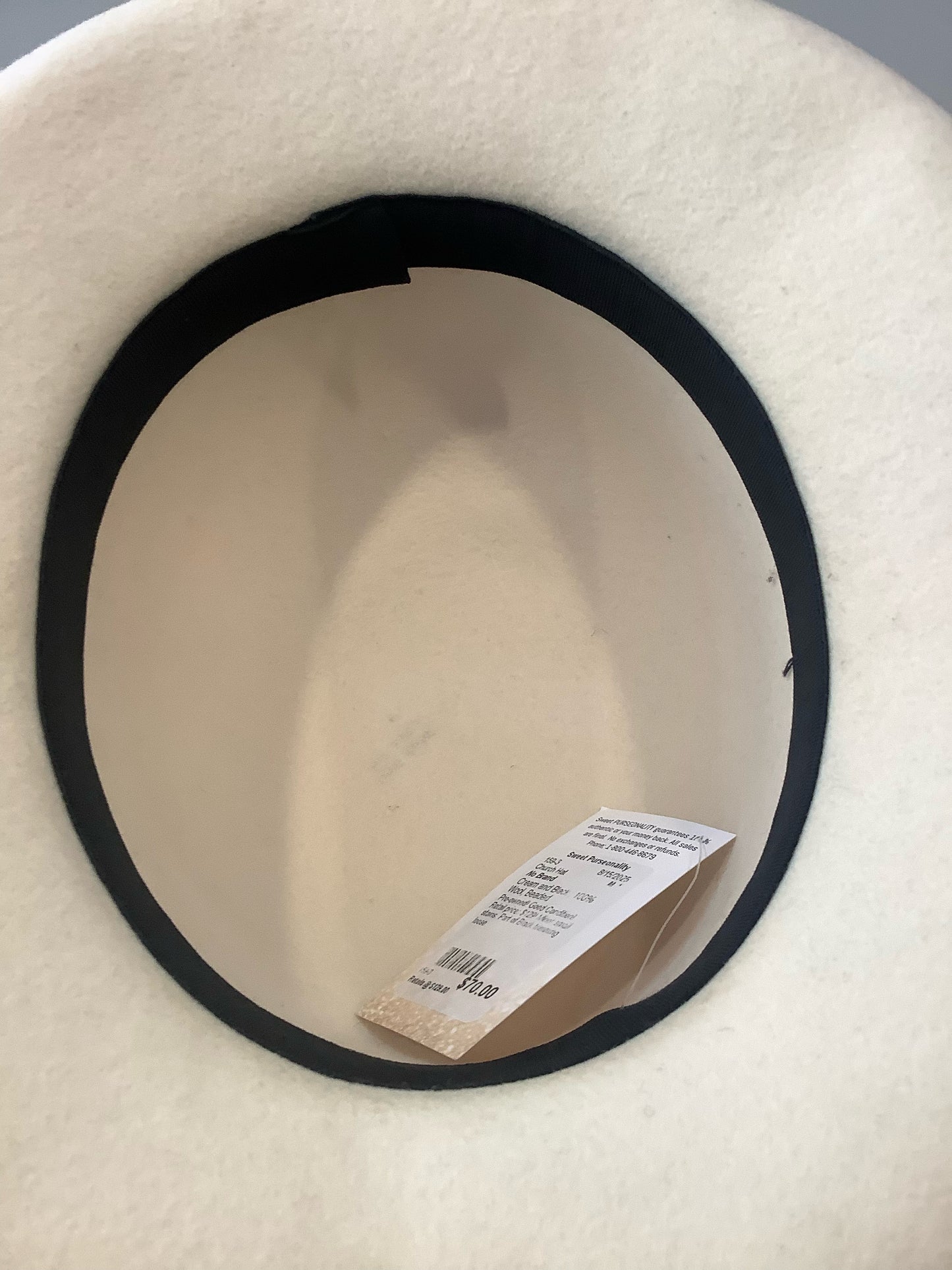 White & Black 100% Wool Church Hat with Bead Detailing on Rim