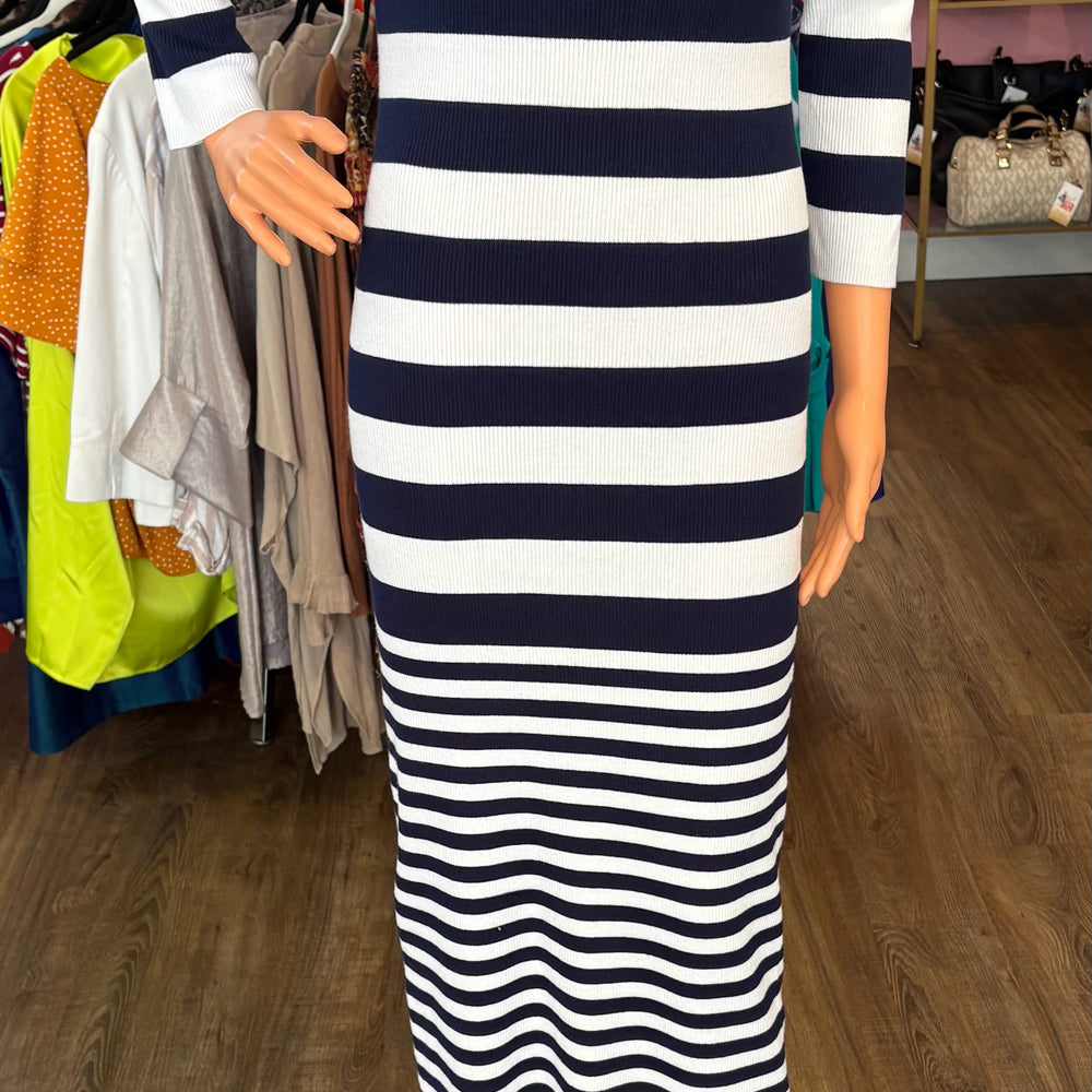 Lauren Ralph Lauren Navy & White Striped Cotton-Blend Sweater Dress Size:M