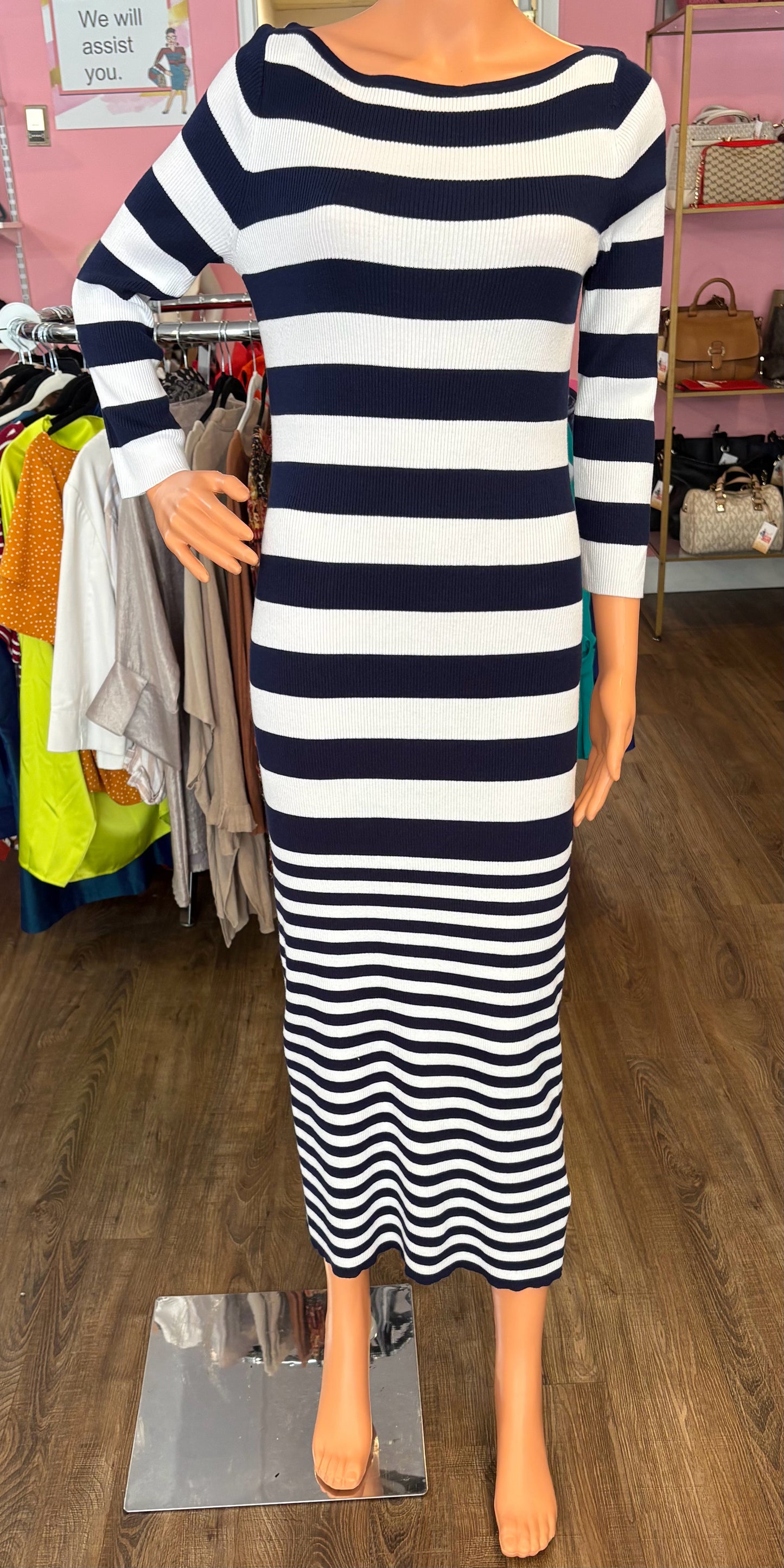 Lauren Ralph Lauren Navy & White Striped Cotton-Blend Sweater Dress Size:M