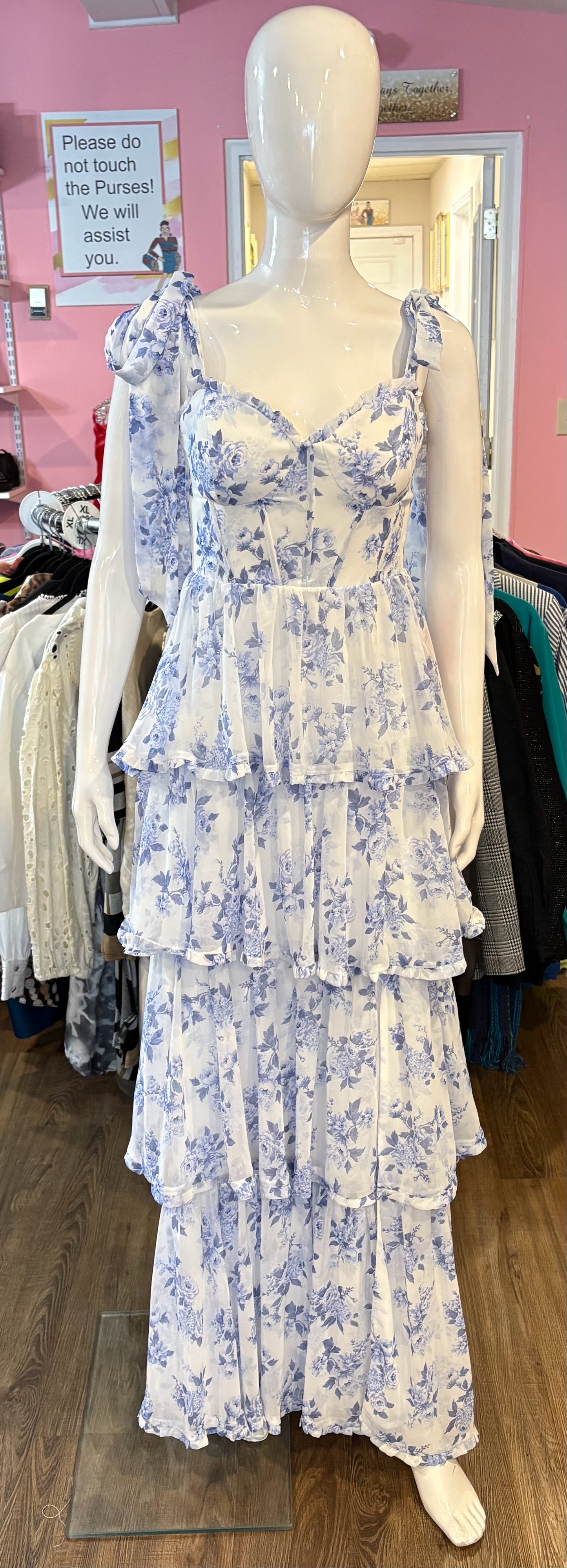 NWT B.Darlin White & Blue Floral Tie Shoulder Corseted Tiered Ruffle Dress Sz:6