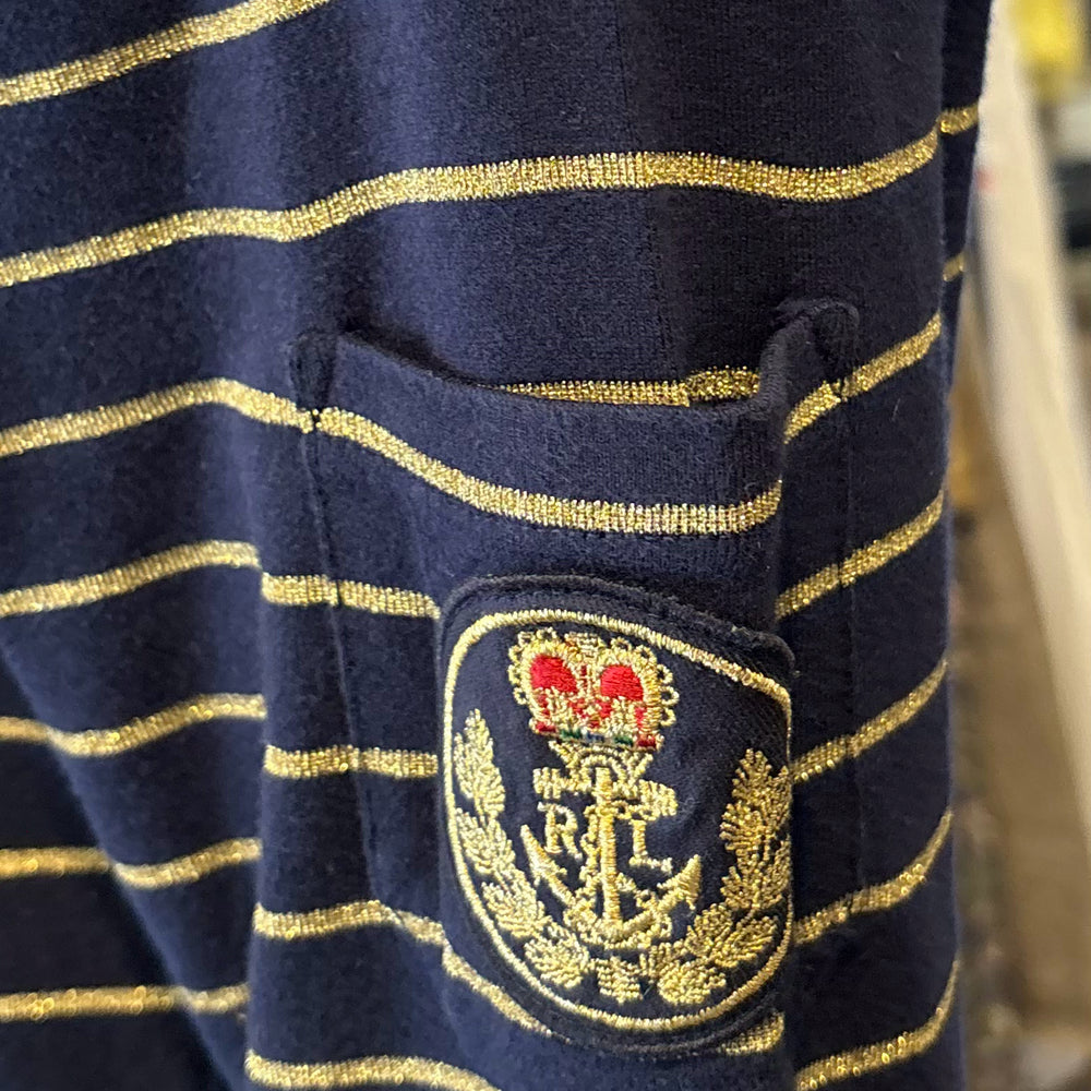 
                      
                        Lauren Ralph Lauren Navy Blue and Gold Striped Top with Crest Detailing Sz:XL
                      
                    