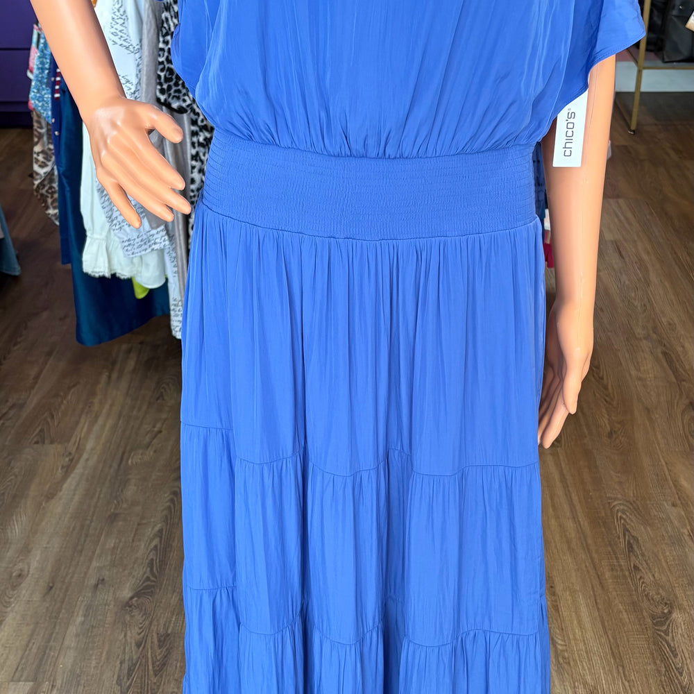 NWT Chico's Ampario Blue Tiered Fluttering Sleeve Maxi Dress Size: 2