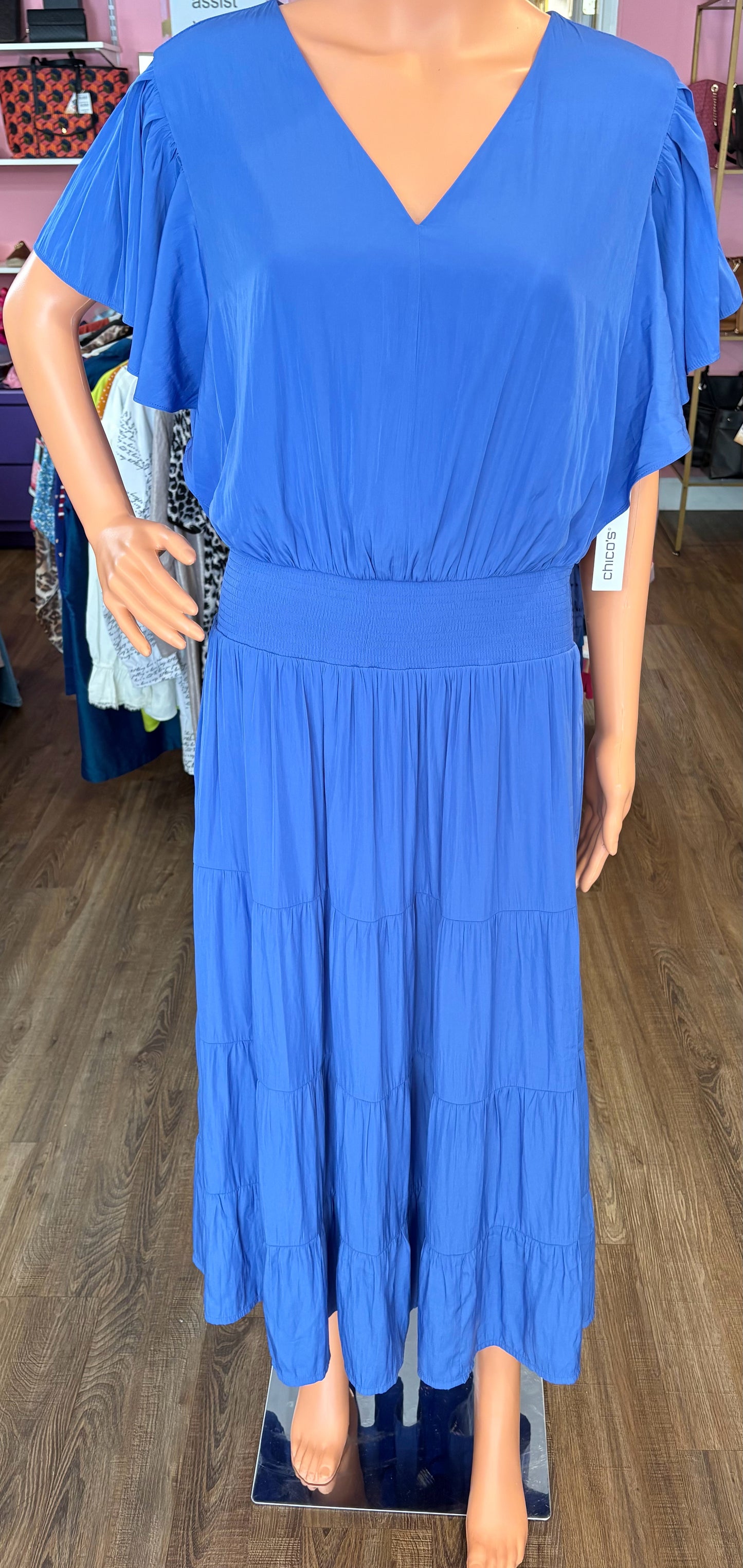 NWT Chico's Ampario Blue Tiered Fluttering Sleeve Maxi Dress Size: 2