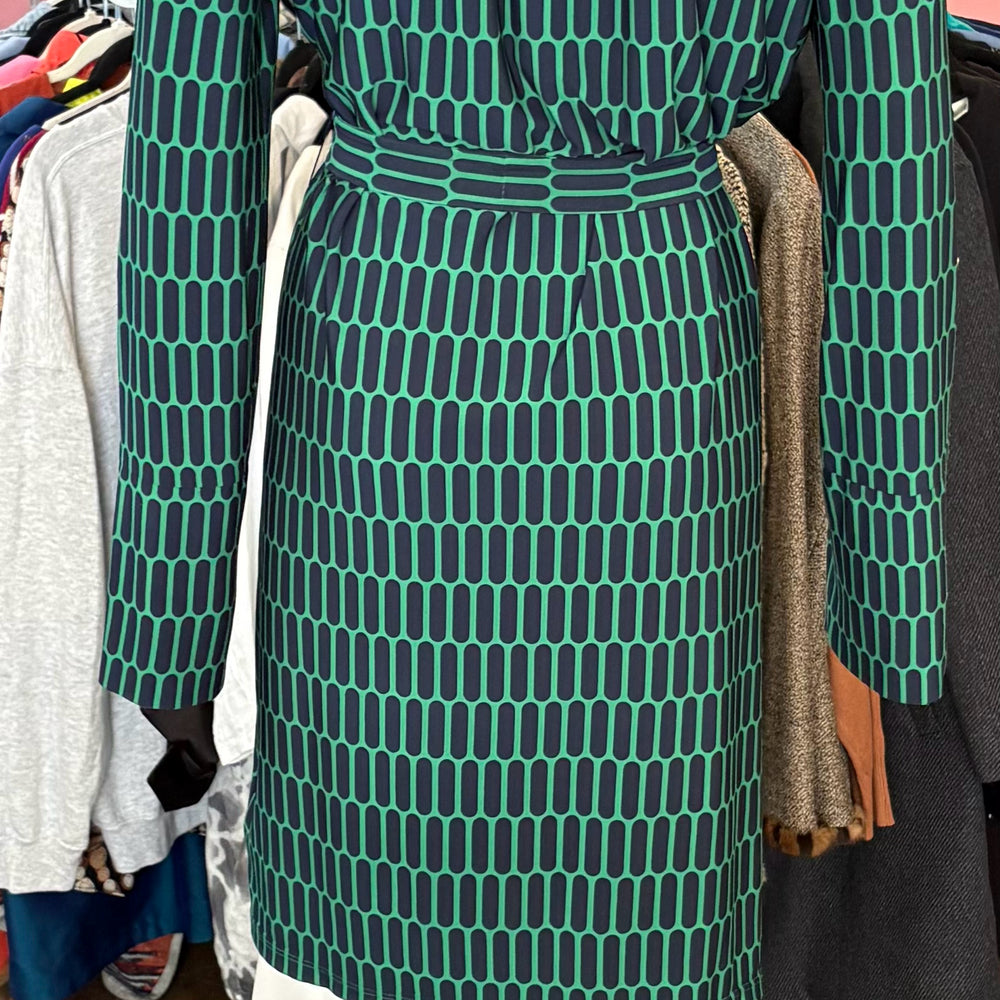 
                      
                        Michael Kors Emerald Green & Navy Geometric Dress with Gold Lace Detail Size: L
                      
                    