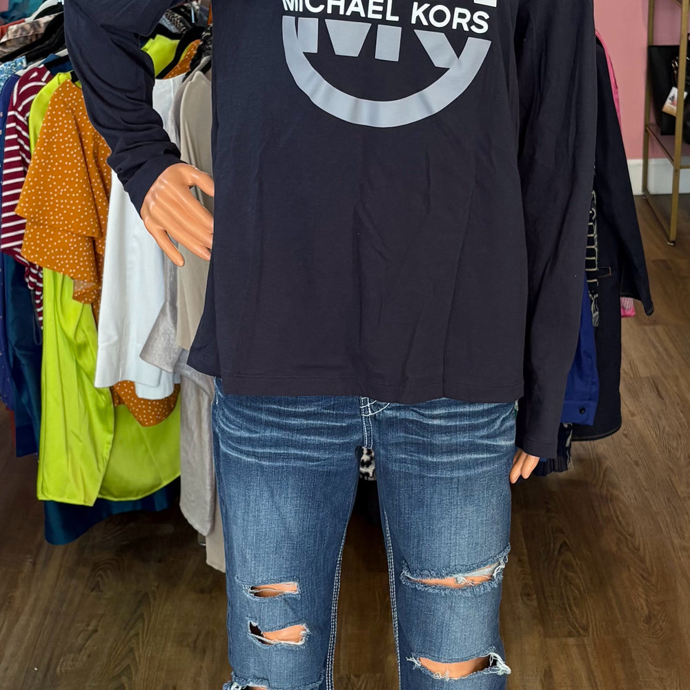 Michael Kors Monogram Navy Blue Multi-Color Long Sleeve Shirt Size:M