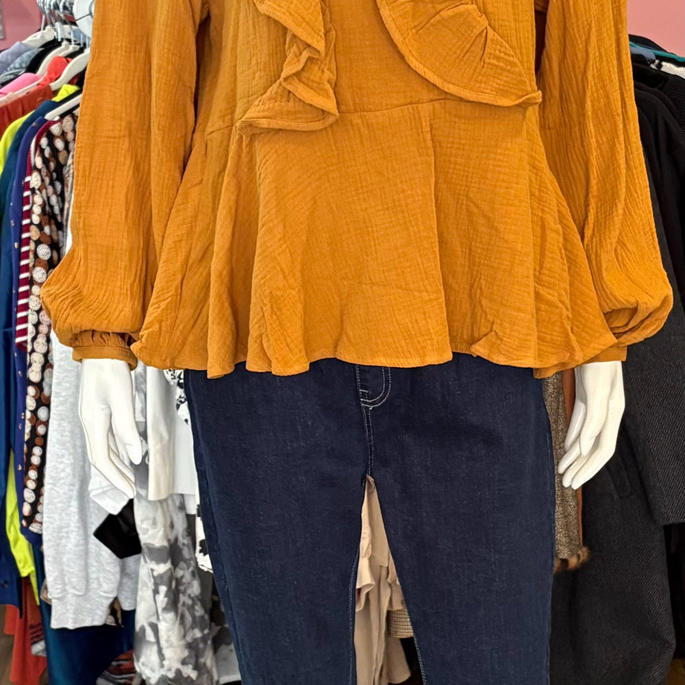 NWT AndTheWhy Ruffle Front Blouse in Camel Size: M