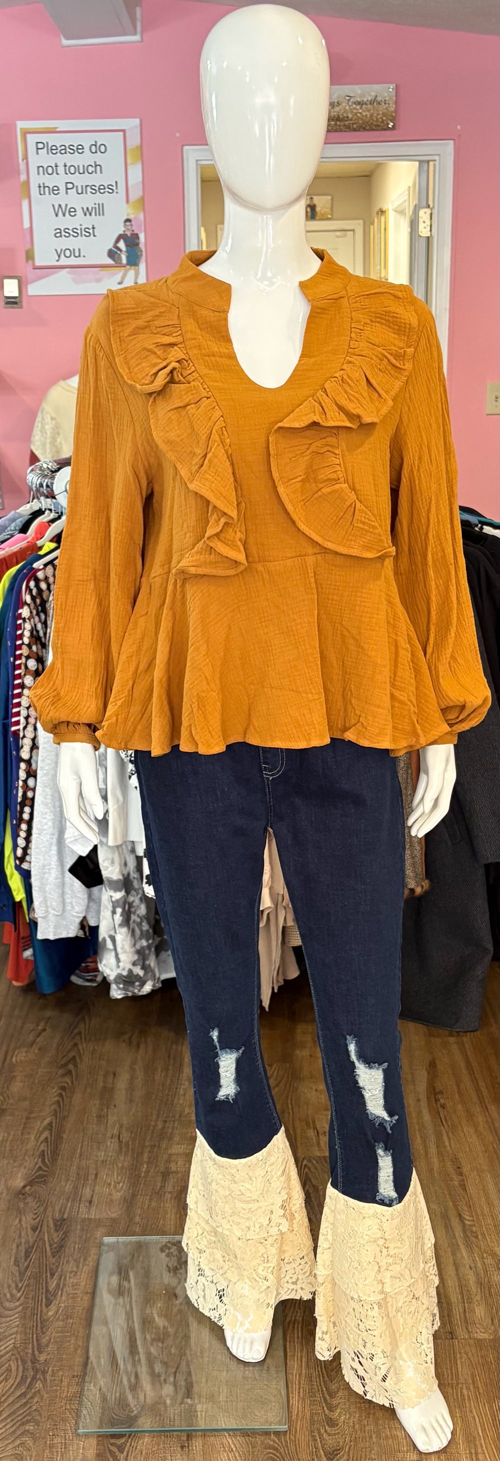 NWT AndTheWhy Ruffle Front Blouse in Camel Size: M