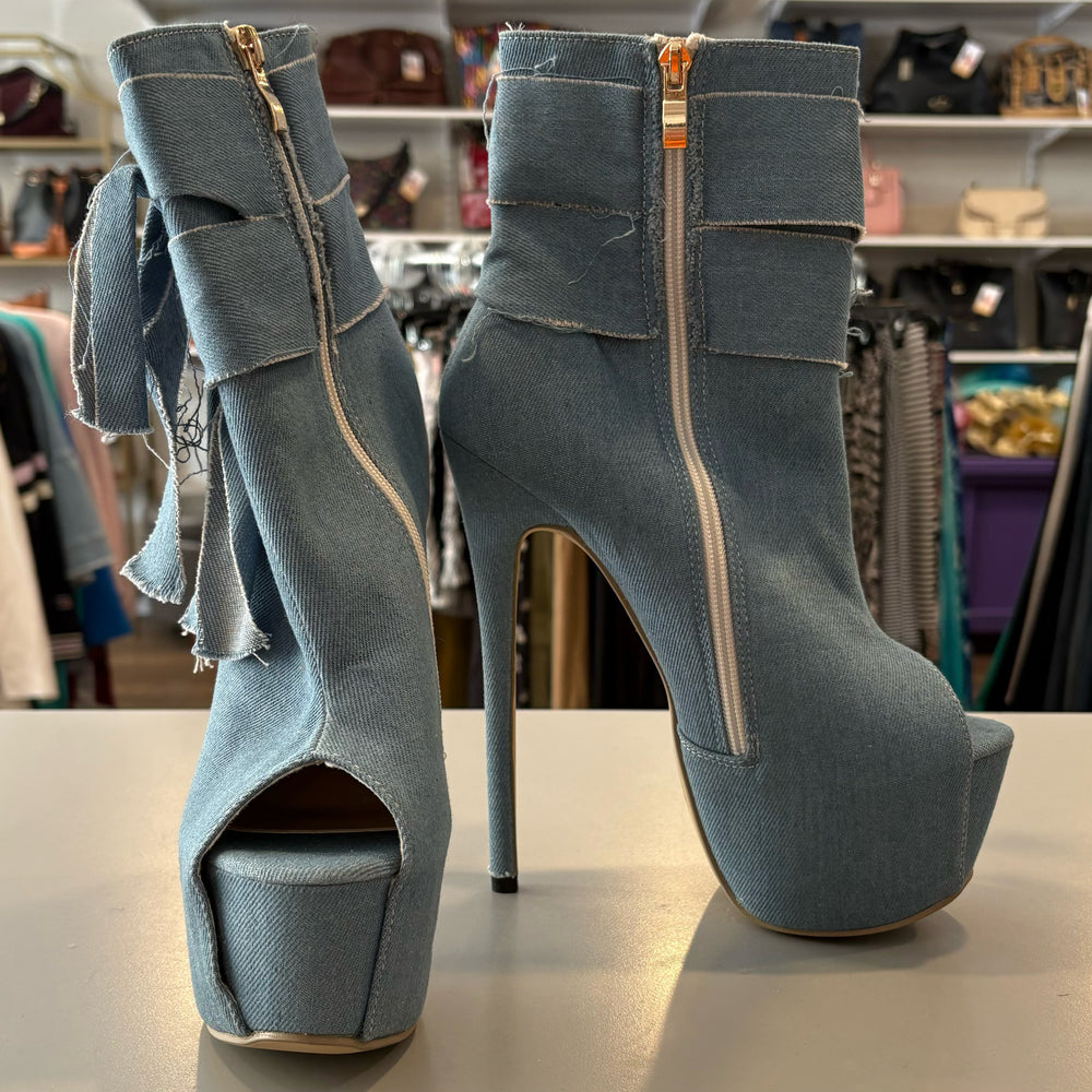 Light Wash Distressed Jean Platform Heels Size:39