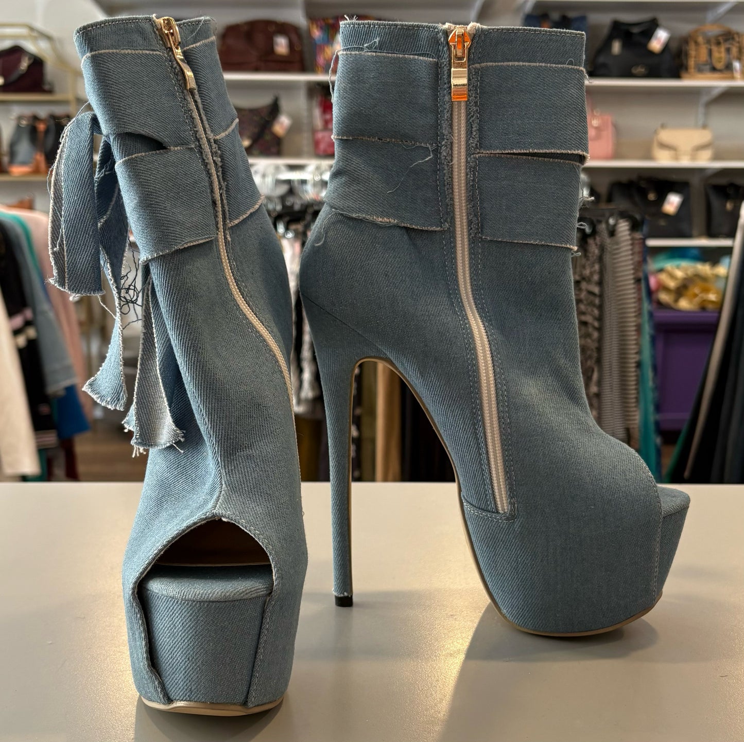 Light Wash Distressed Jean Platform Heels Size:39