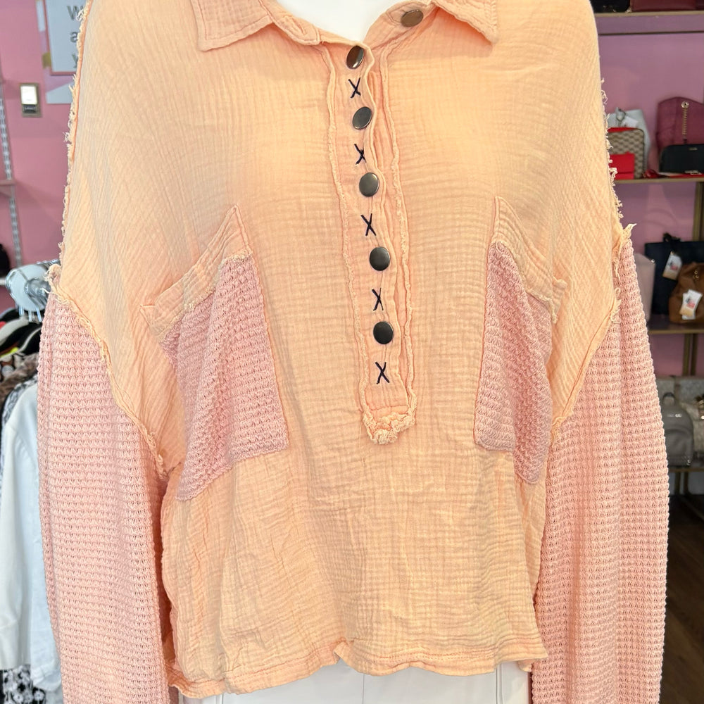 POL 100% Cotton Peach Pink Button Up Sweater Top Size: L