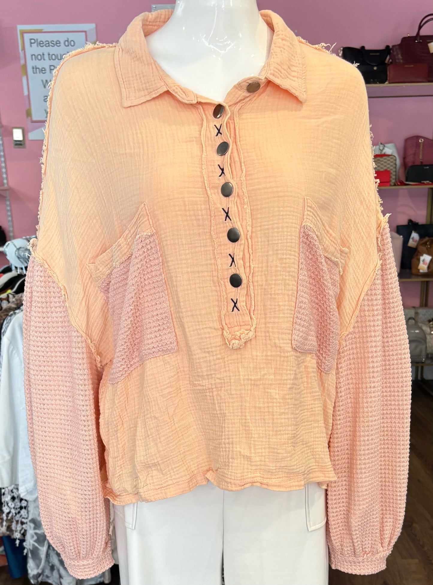 POL 100% Cotton Peach Pink Button Up Sweater Top Size: L