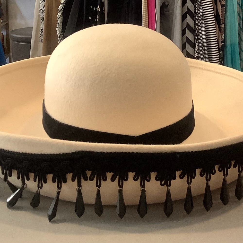 White & Black 100% Wool Church Hat with Bead Detailing on Rim