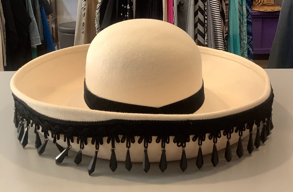White & Black 100% Wool Church Hat with Bead Detailing on Rim