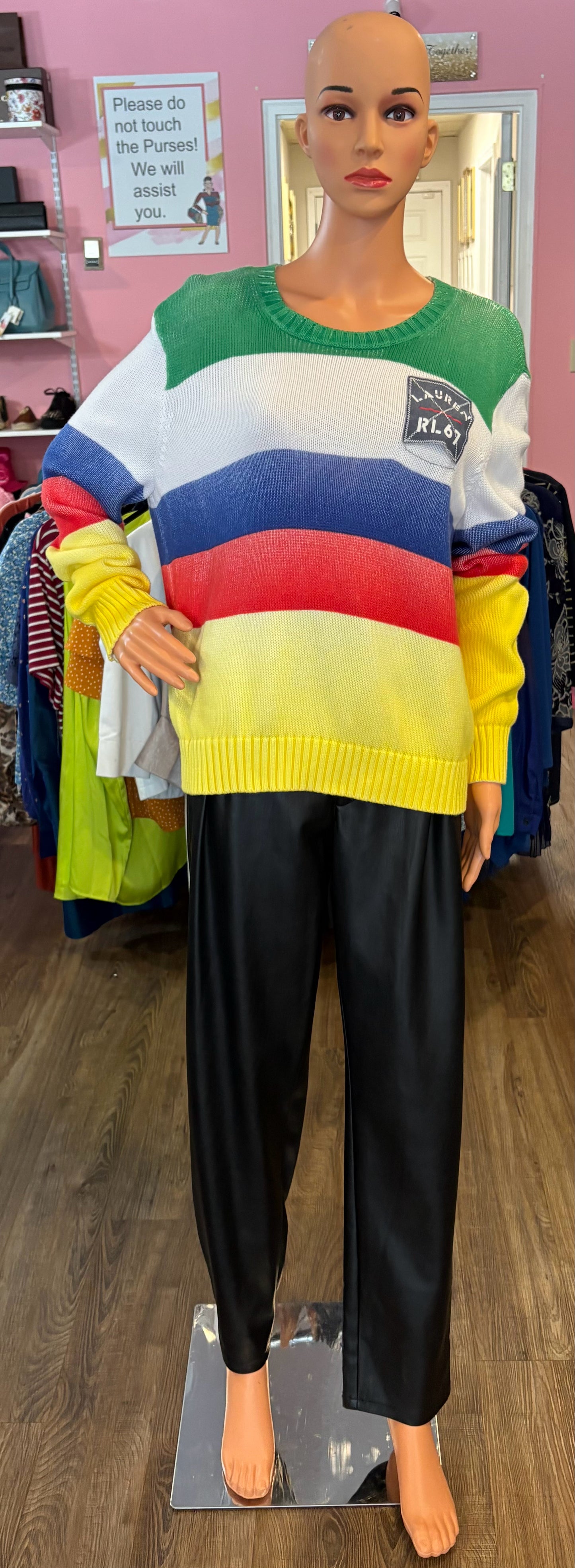 RARE Lauren Ralph Lauren Multi-Color Striped 100% Cotton Sweater Size:L
