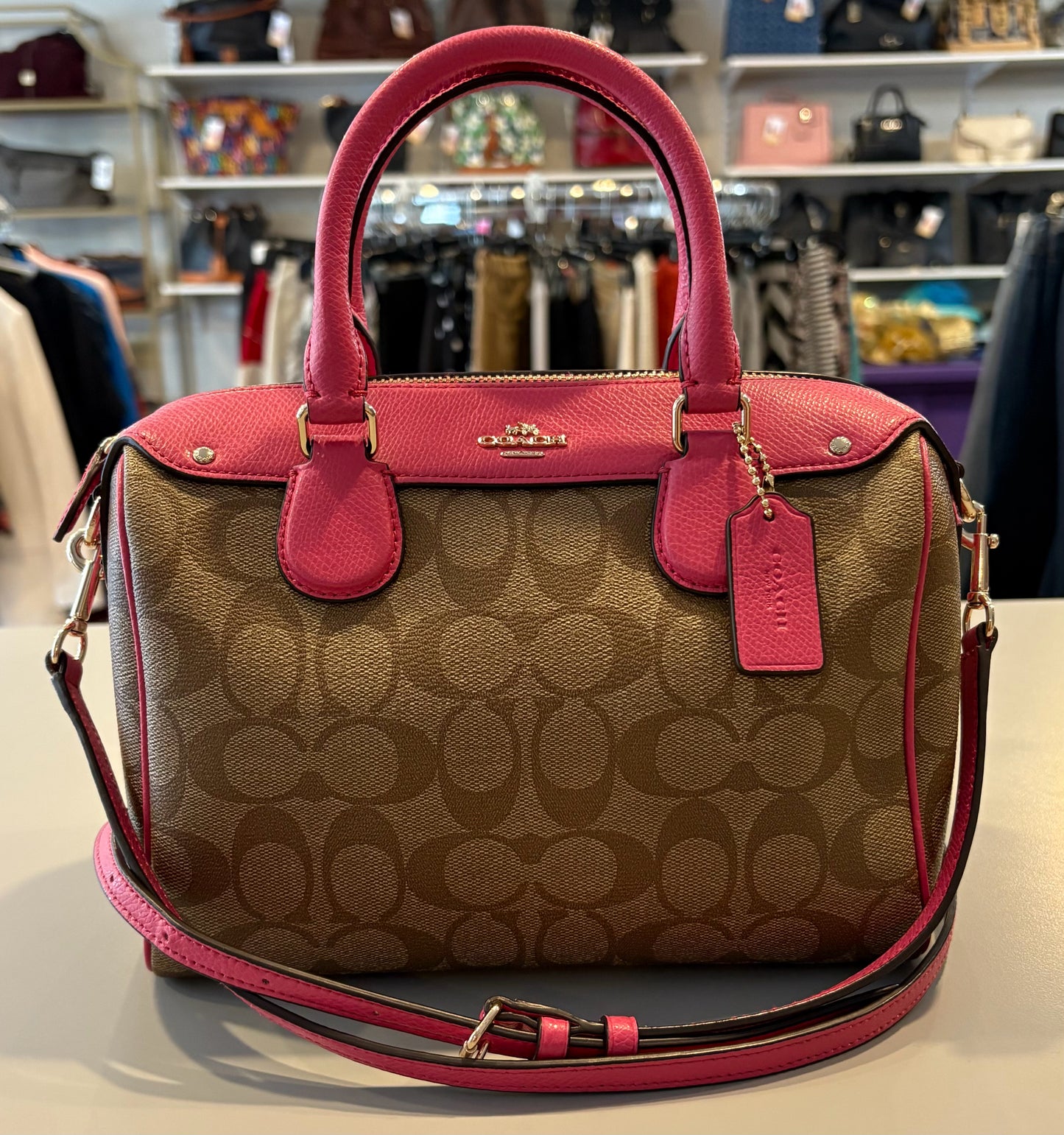 Coach Signature Mini Bennett Satchel Crossbody in Khaki Cerise SN:F36702