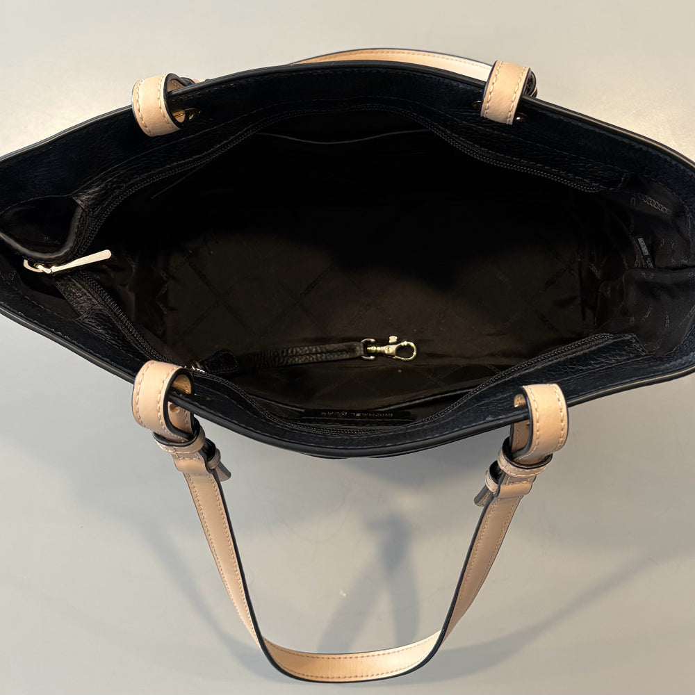 
                      
                        Michael Kors Bedford Black & Beige Medium Top Zip Pocket Tote
                      
                    