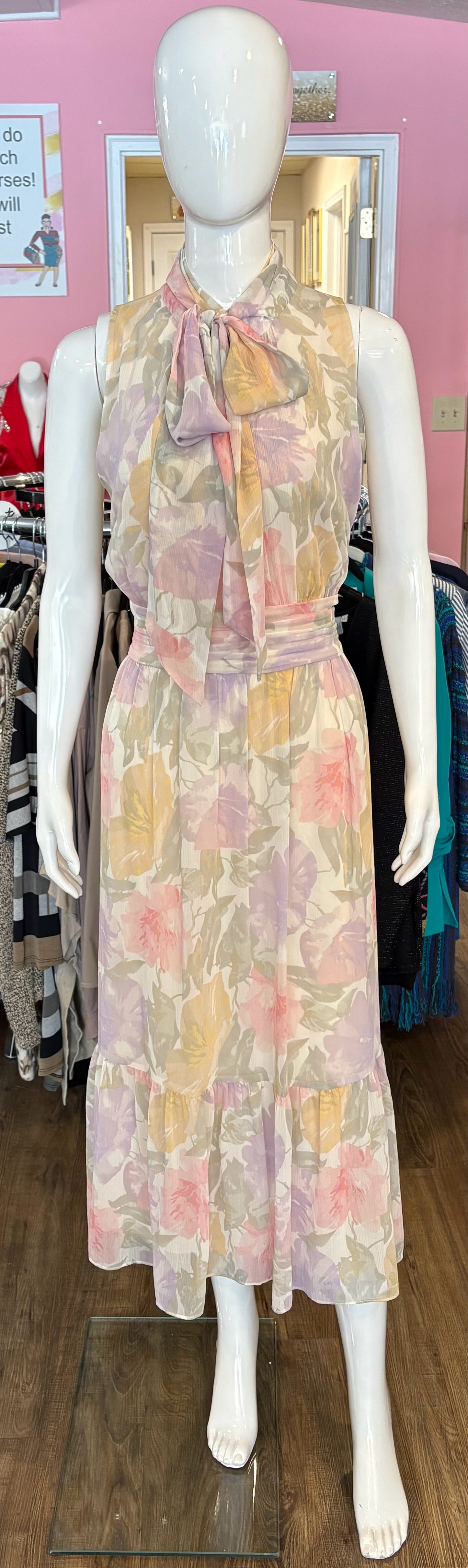 NWOT Lauren Ralph Lauren Crinkle Georgette Tie Neck Sleeveless Dress Sz:10