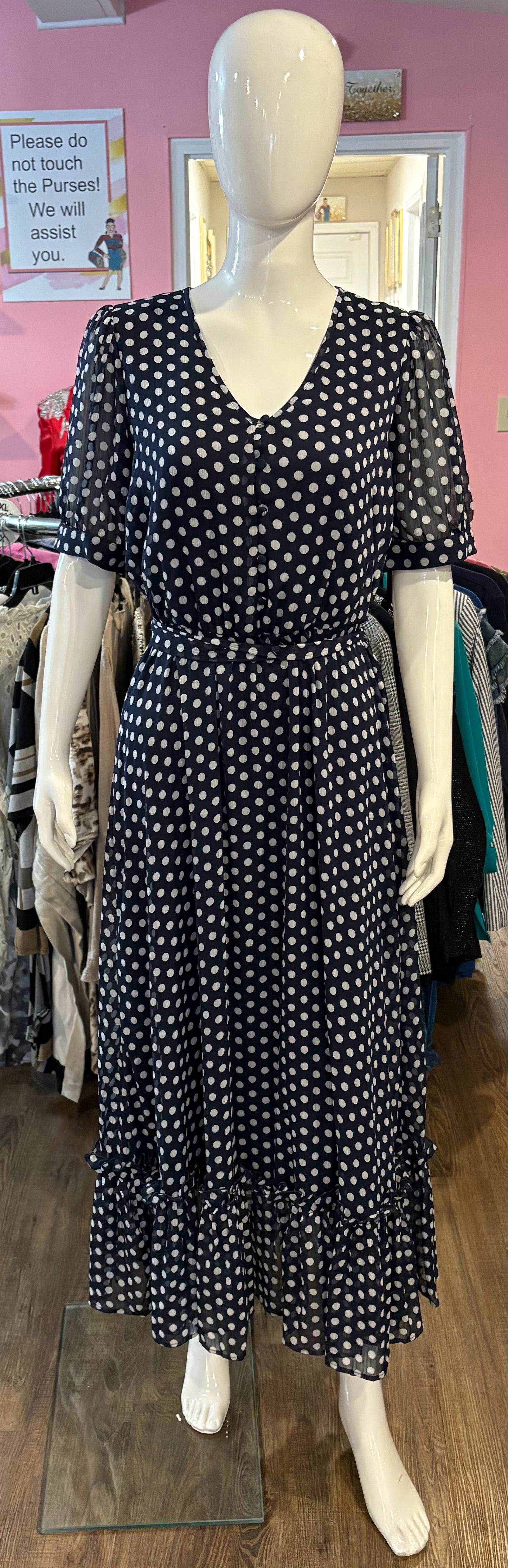 NWOT  Calvin Klein Navy & White Polka Dot Dress Sz:8