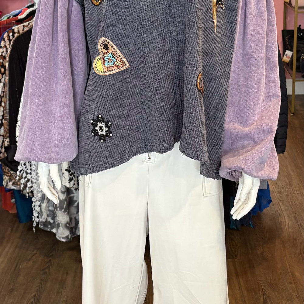 Pol Embelleshed Decal Purple Oversized Sweater Top Size:M