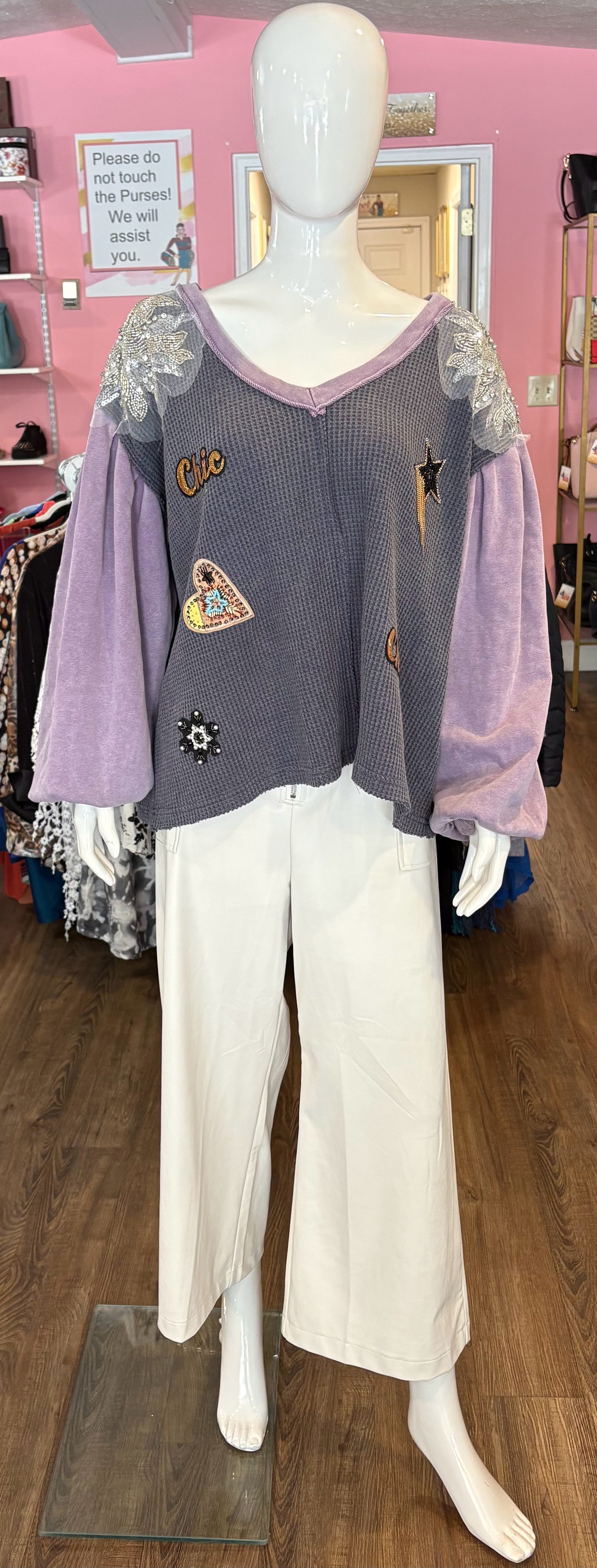 Pol Embelleshed Decal Purple Oversized Sweater Top Size:M