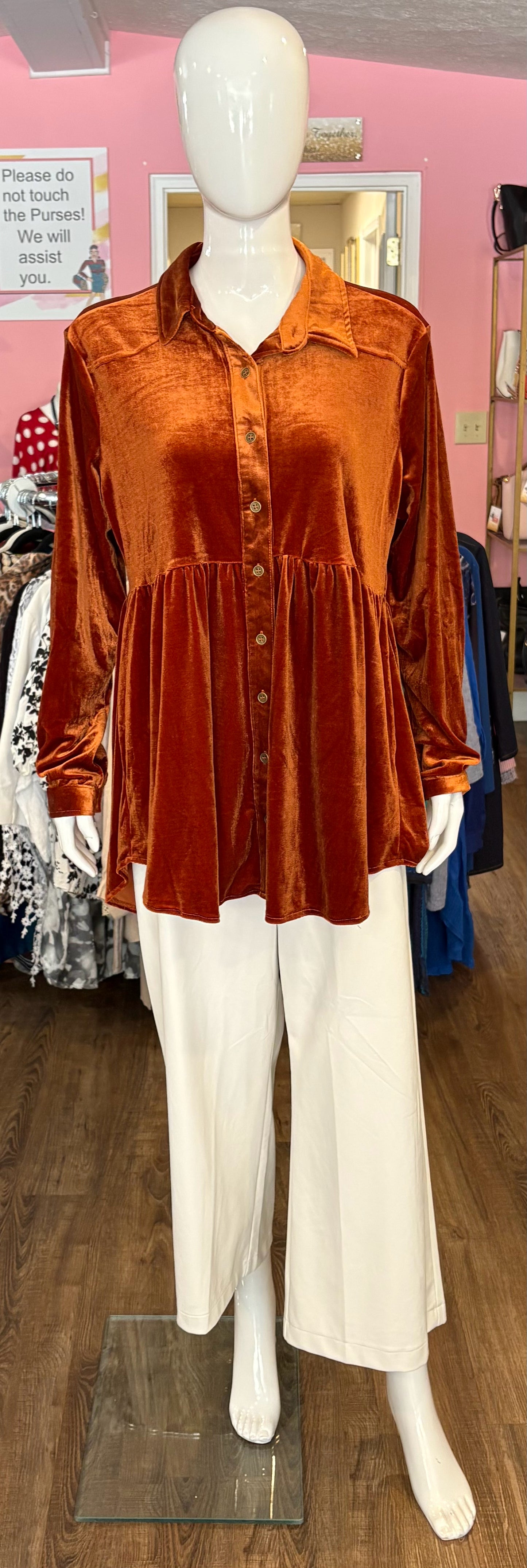 NWT Umgee Dark Orange Velvet Button Up Top Size: L