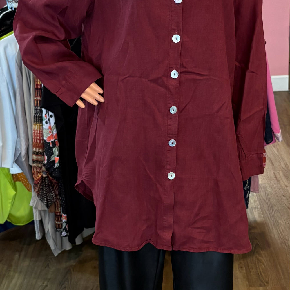 La. FIXSUN 100% Linen Maroon Button Up Top Size:XL