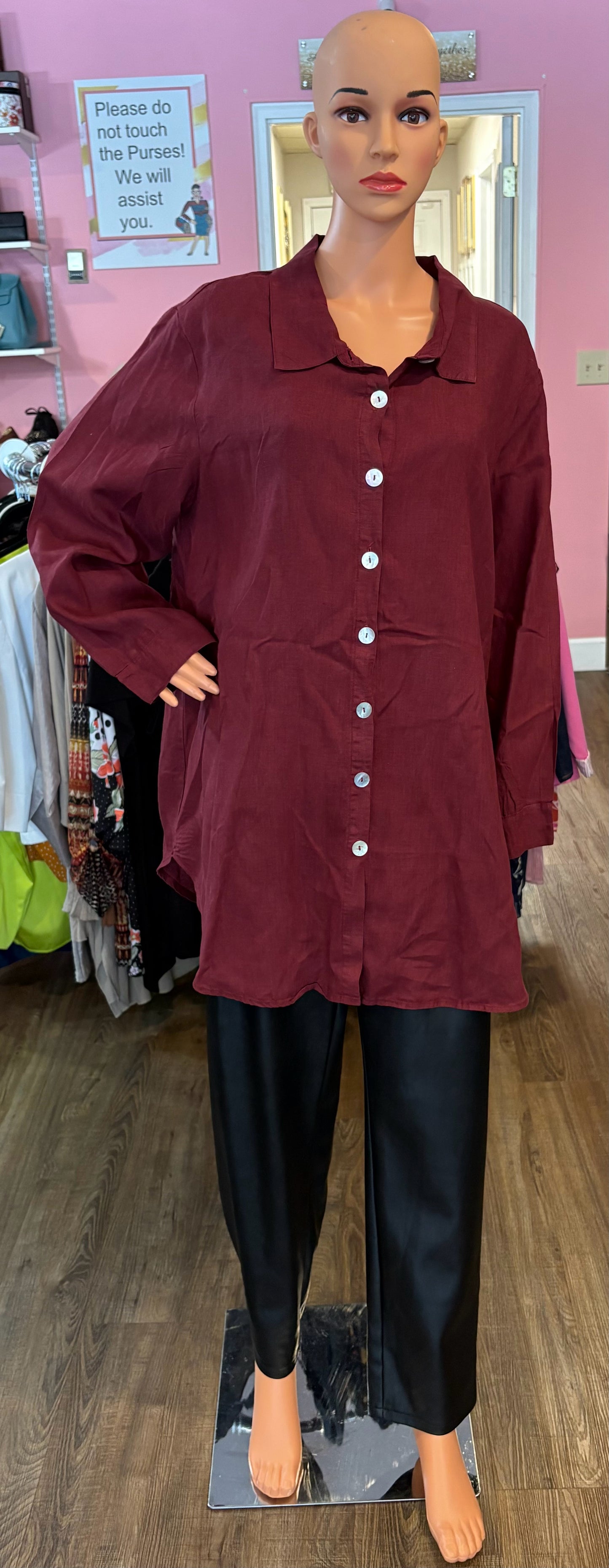 La. FIXSUN 100% Linen Maroon Button Up Top Size:XL