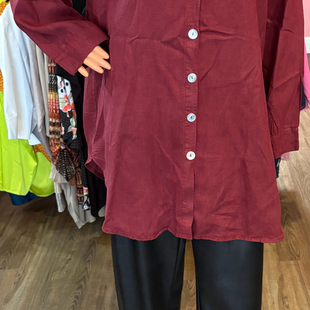 La. FIXSUN 100% Linen Maroon Button Up Top Size:XL