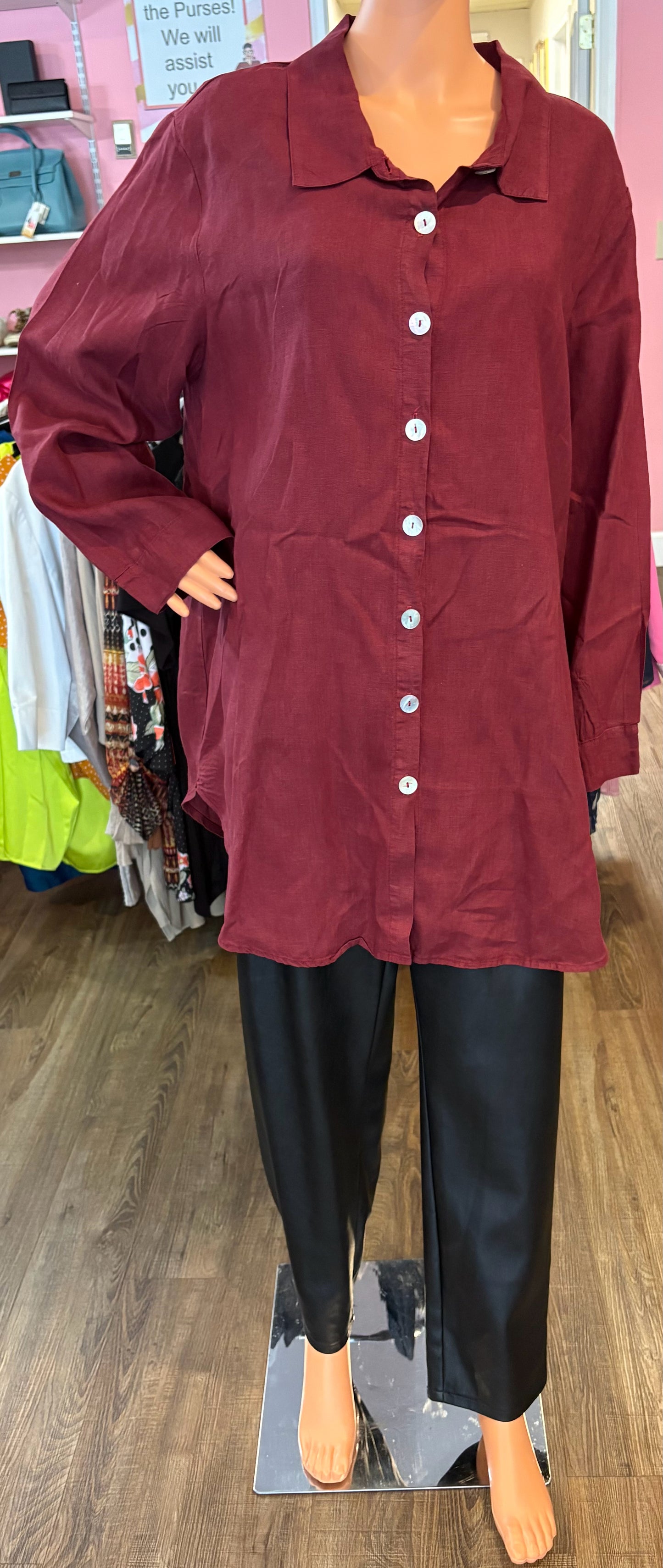 La. FIXSUN 100% Linen Maroon Button Up Top Size:XL