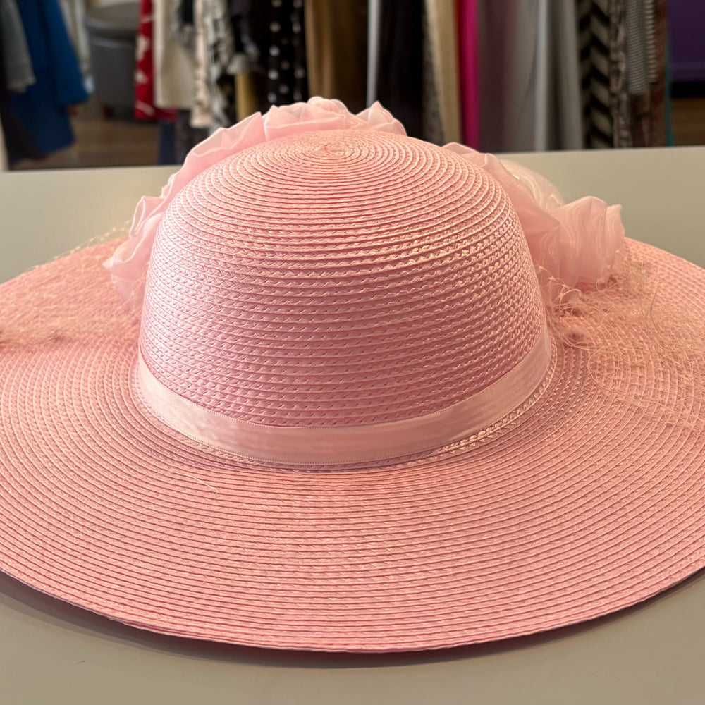 
                      
                        Pink Floral Straw Church Hat with Pearl Detailing
                      
                    