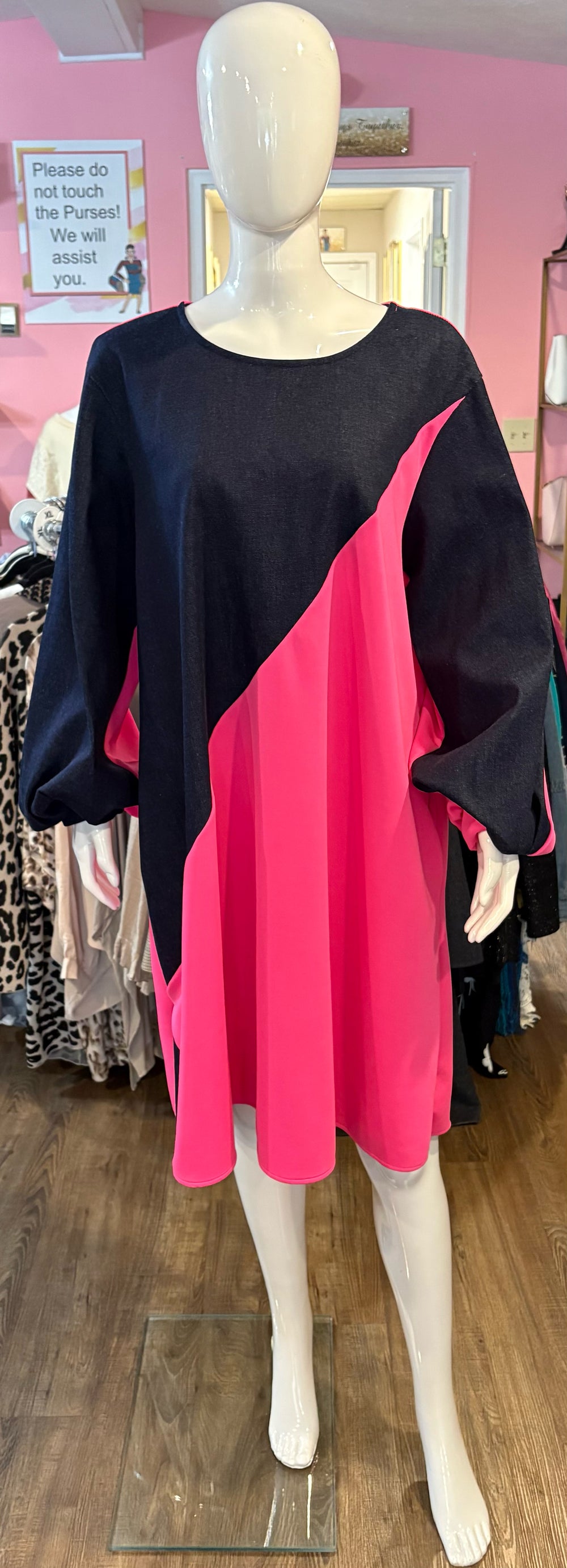 NWOT Karen T Design Denim & Pink Dress Size: L