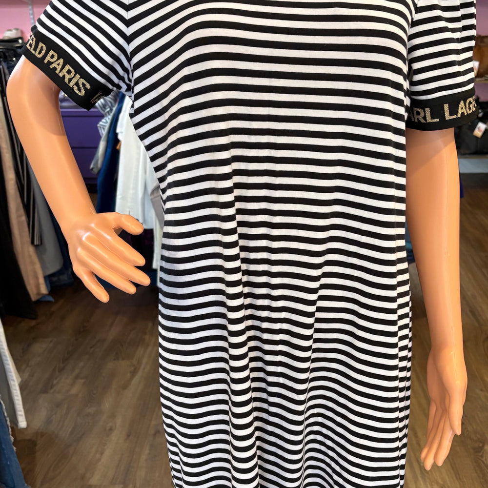 Karl Lagerfeld Paris Striped Logo Tape Puff Sleeve T-Shirt Dress Size: XL