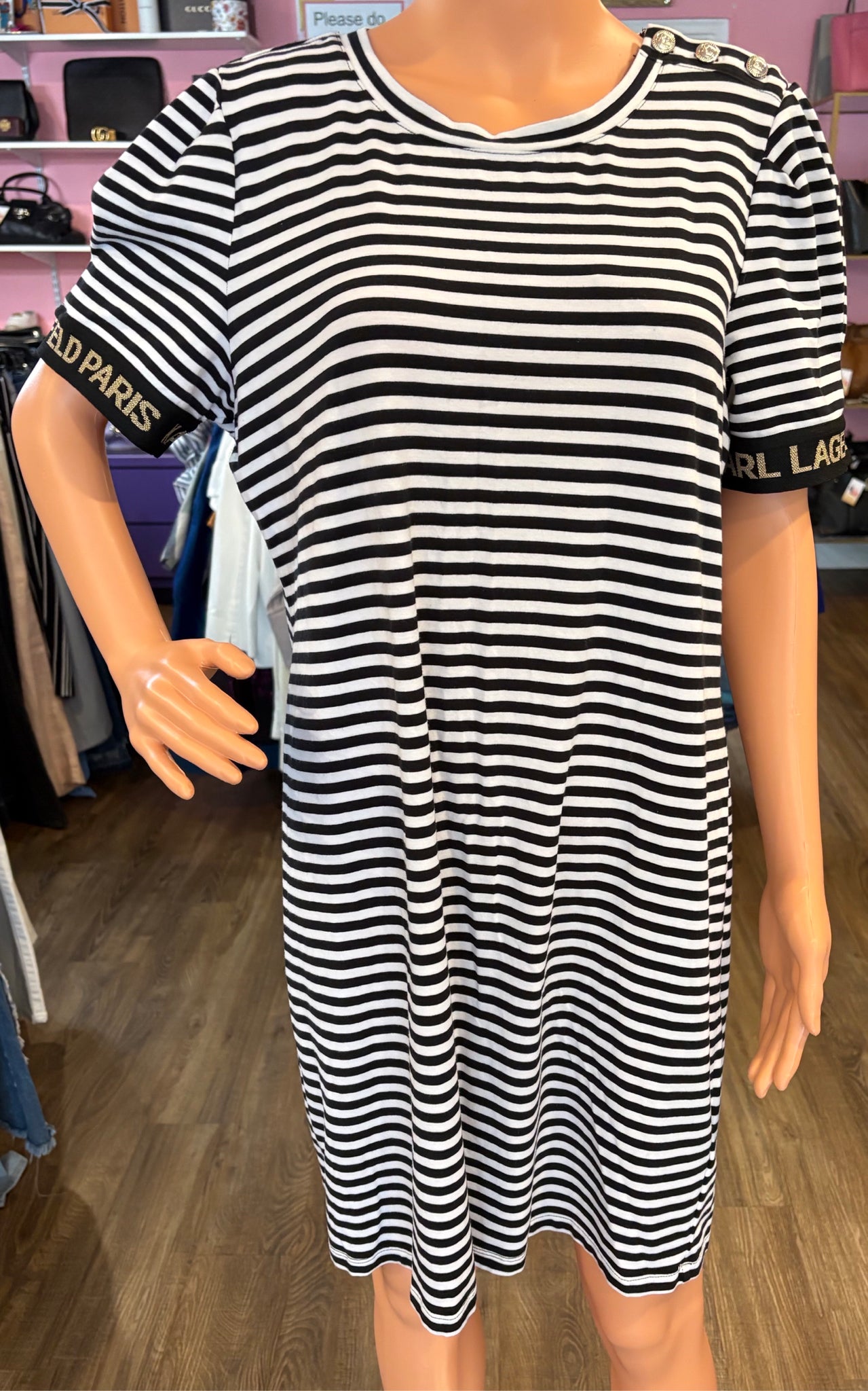 Karl Lagerfeld Paris Striped Logo Tape Puff Sleeve T-Shirt Dress Size: XL