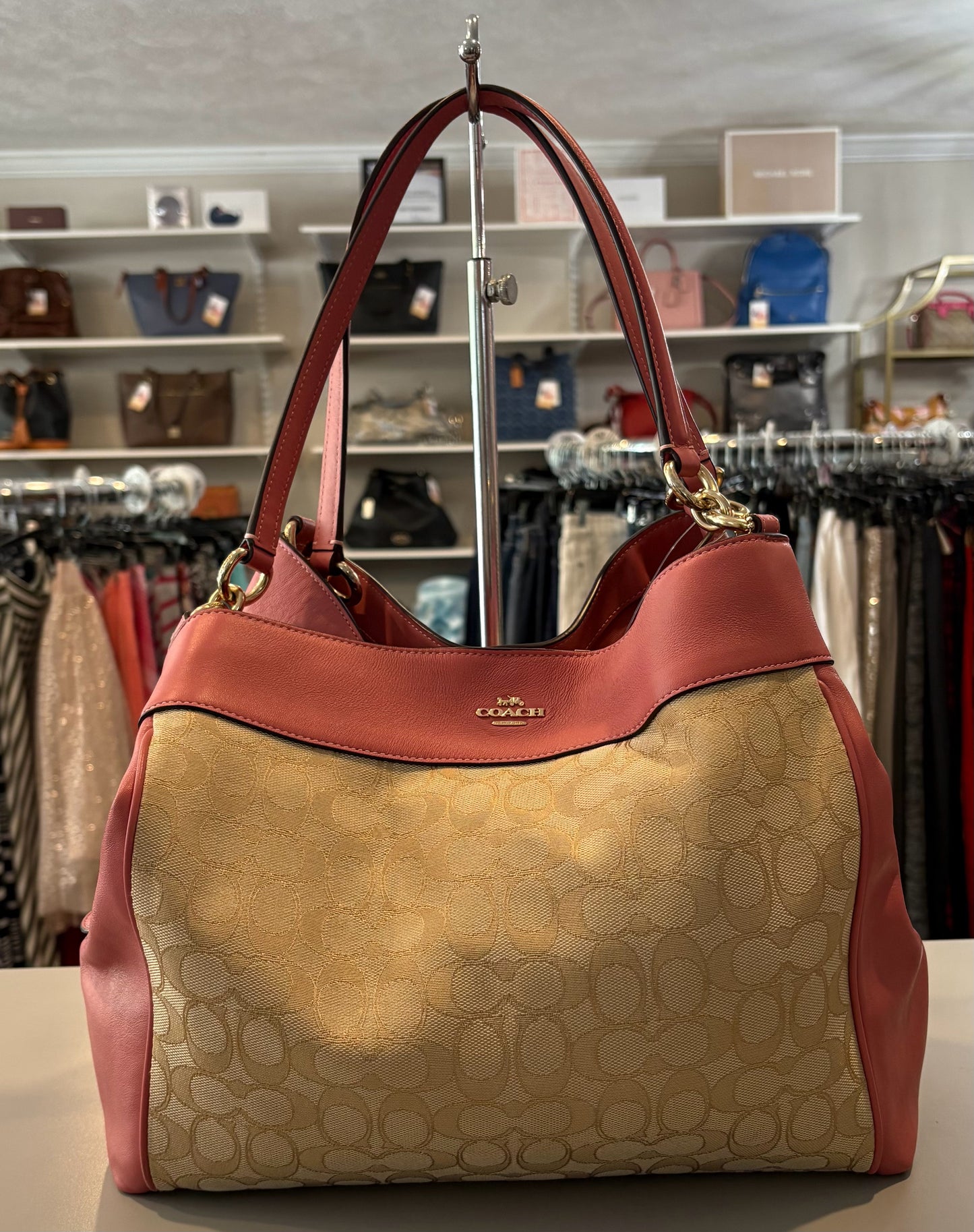 RARE Coach Signature Lexy Peony Pink Shoulder Bag in Signature Jacquard