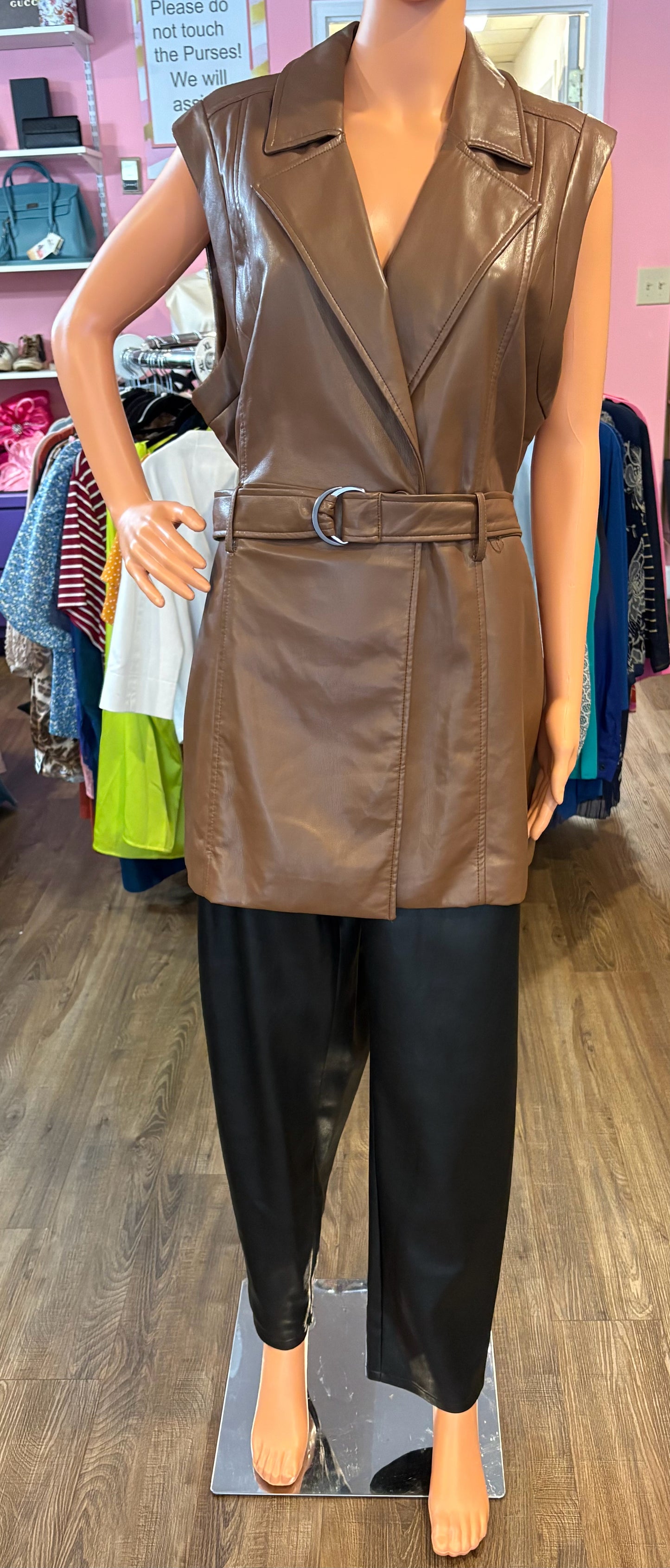 RARE Elie. Tahari Faux Leather Brown Belted Sleeveless Jacket Size:12