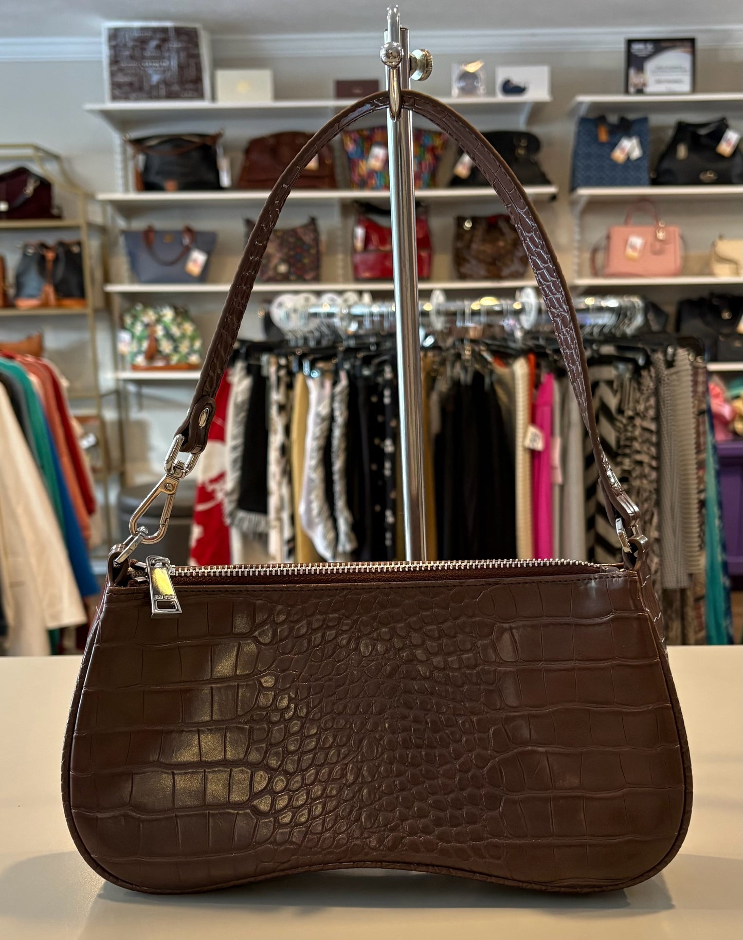 JW PEI Eva Brown Croc-Embossed Vegan Leather Shoulder Bag