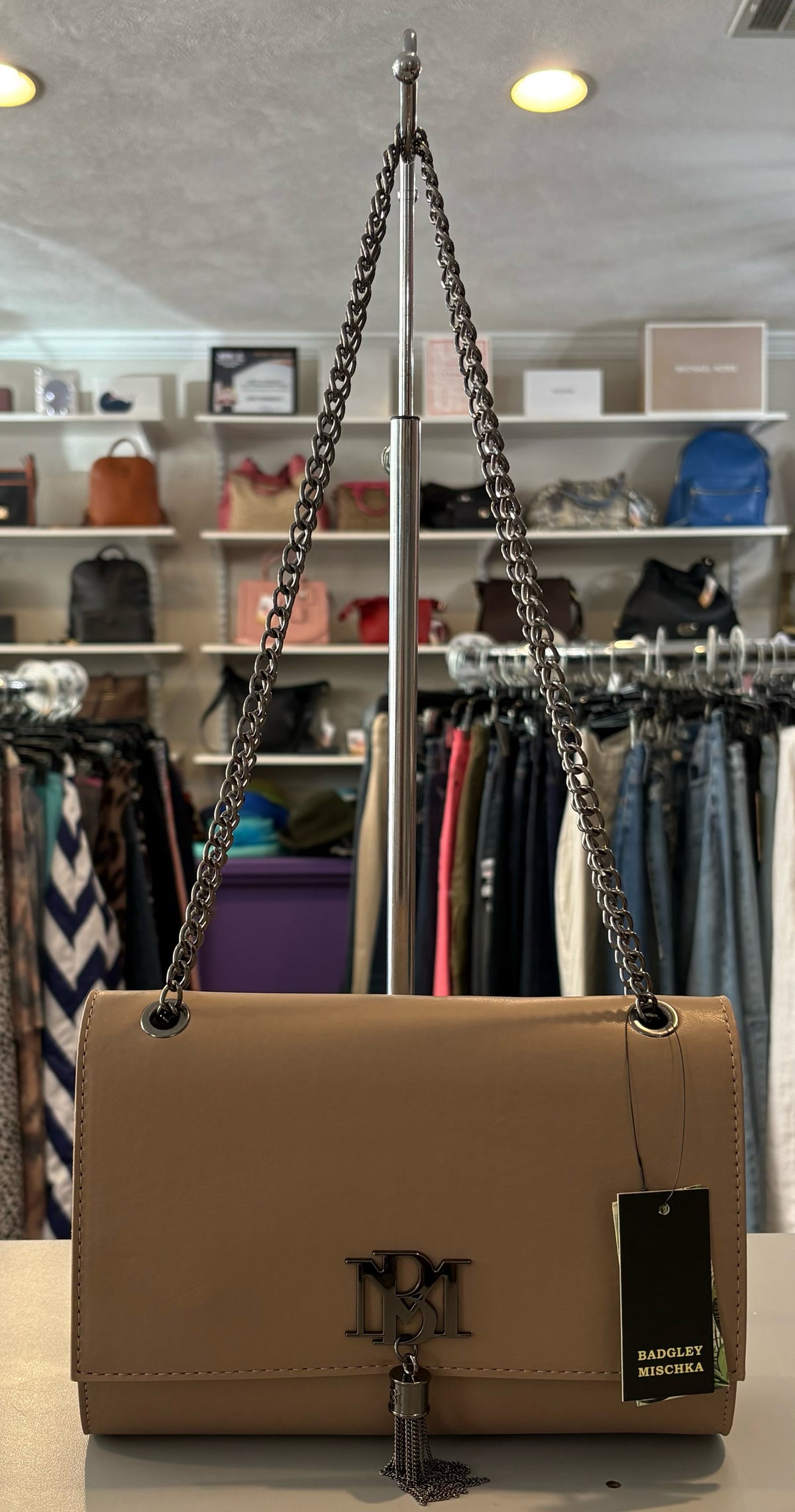 NWT Badgley Mischka Taupe Metal Finge Crossbody