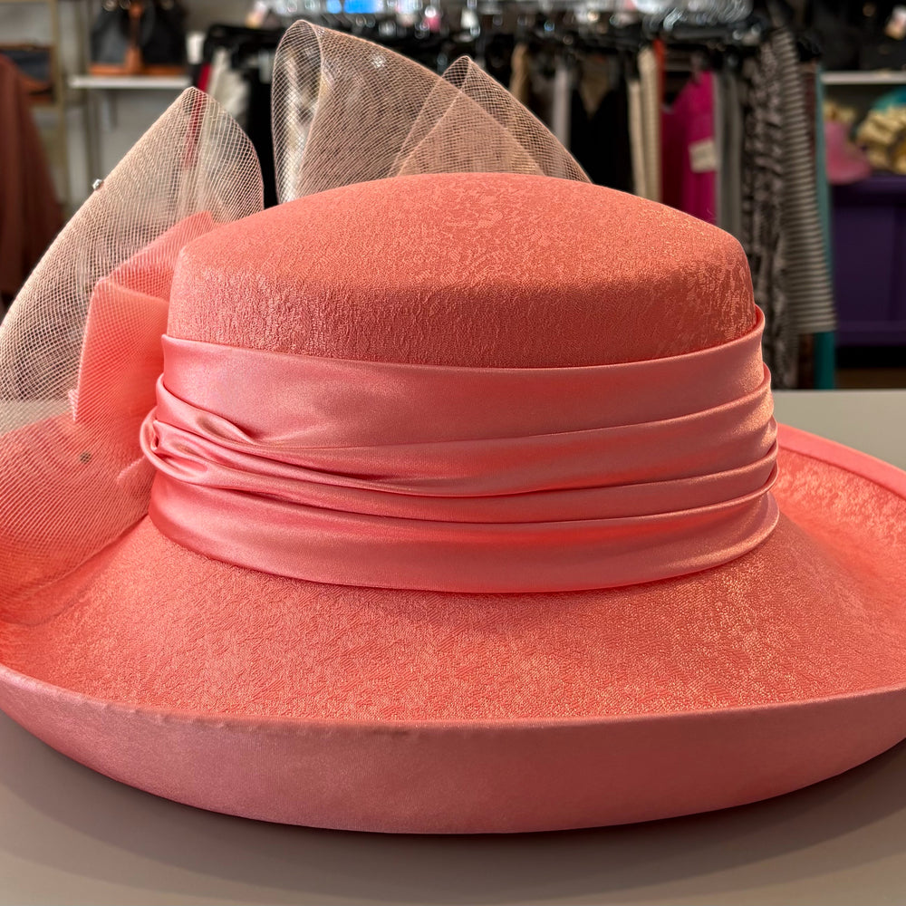 
                      
                        Clarissa C. Coral Pink Church Hat with Rhinsteone Detailing
                      
                    