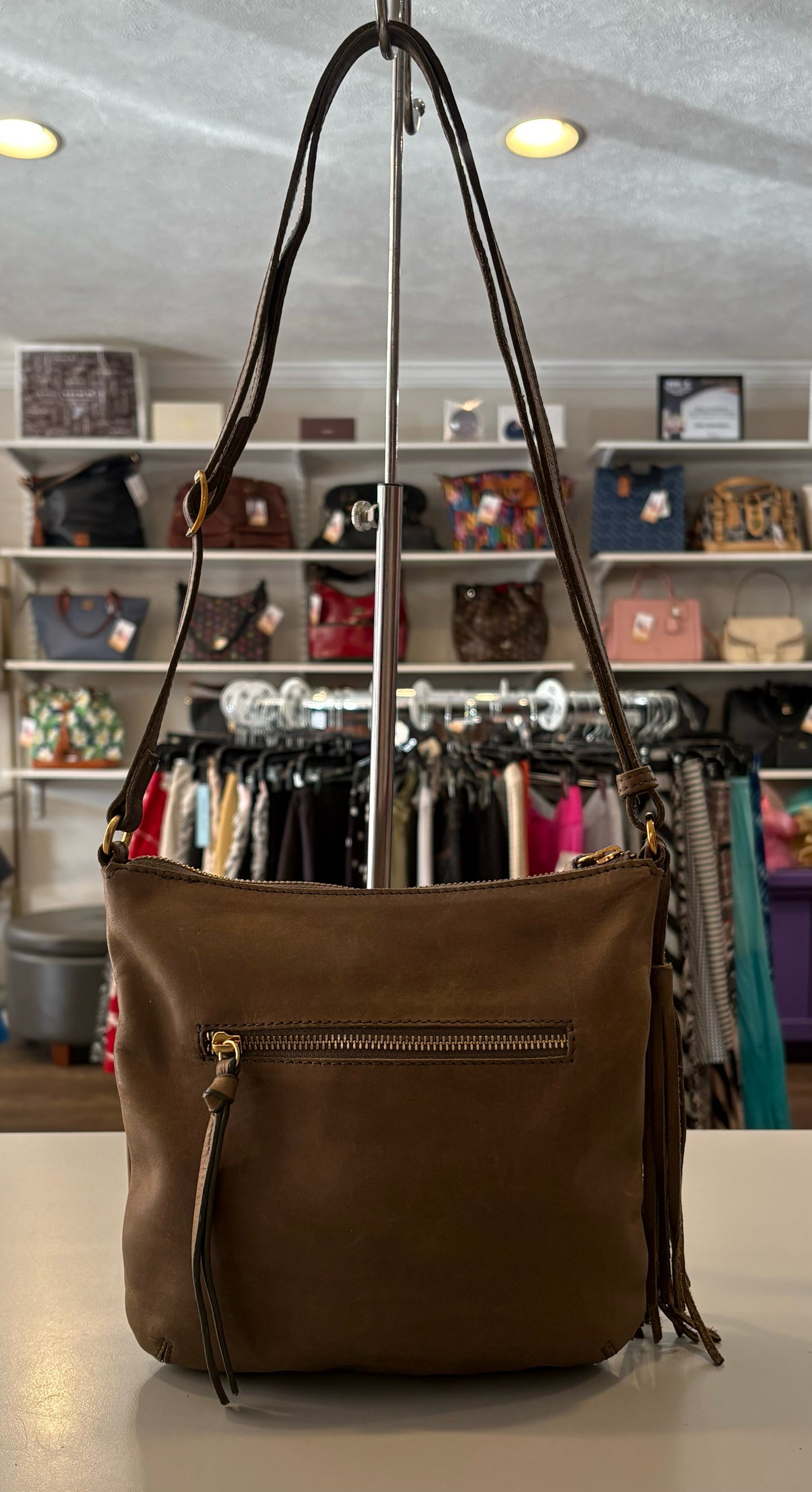 Margot NY Dark Brown Small Leather Adjustable Strap Crossbody with Tassel