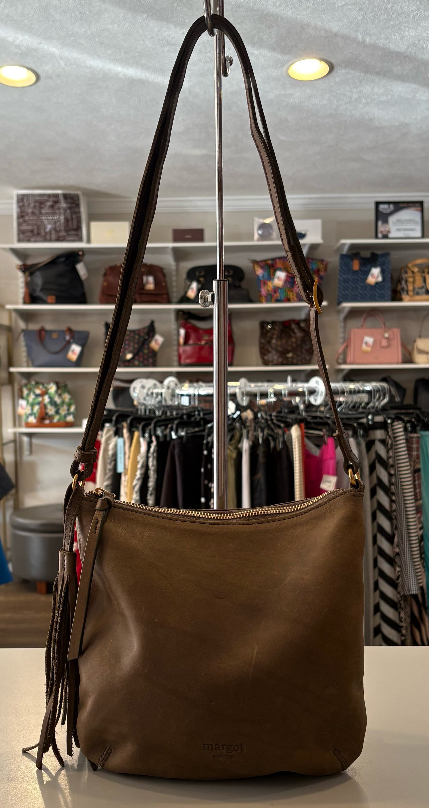 Margot NY Dark Brown Small Leather Adjustable Strap Crossbody with Tassel