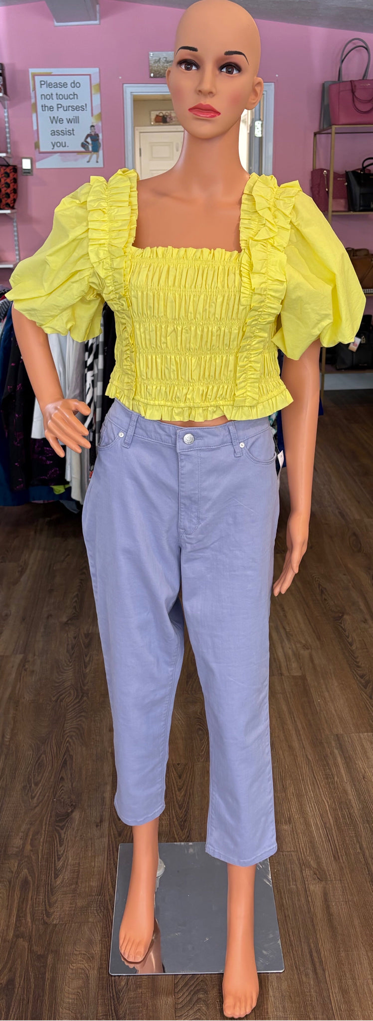 endless rose Women's Yellow Smocked Puff Sleeve Top Blouse Size Medium