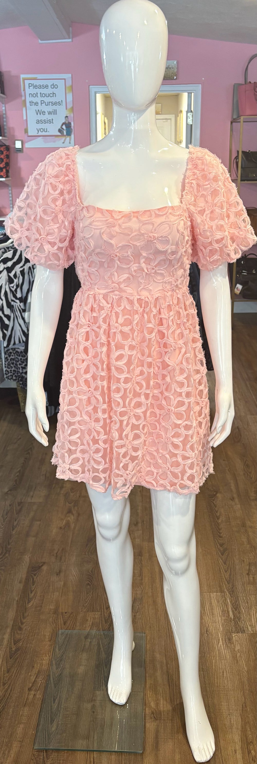 Size L She + Sky Half Puff Sleeve Flower Mesh Dress